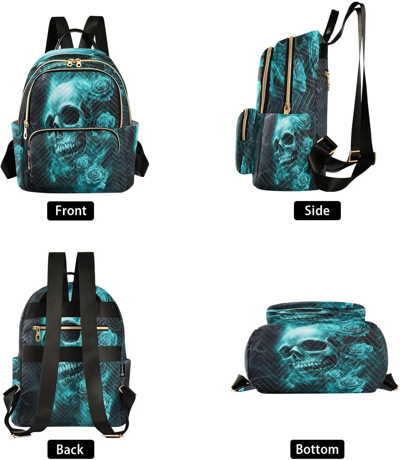 Teal Roses Skull Face Women Mini Backpack Purse Ladies Casual Shoulder Bag Daypack for School Work Travel Medium