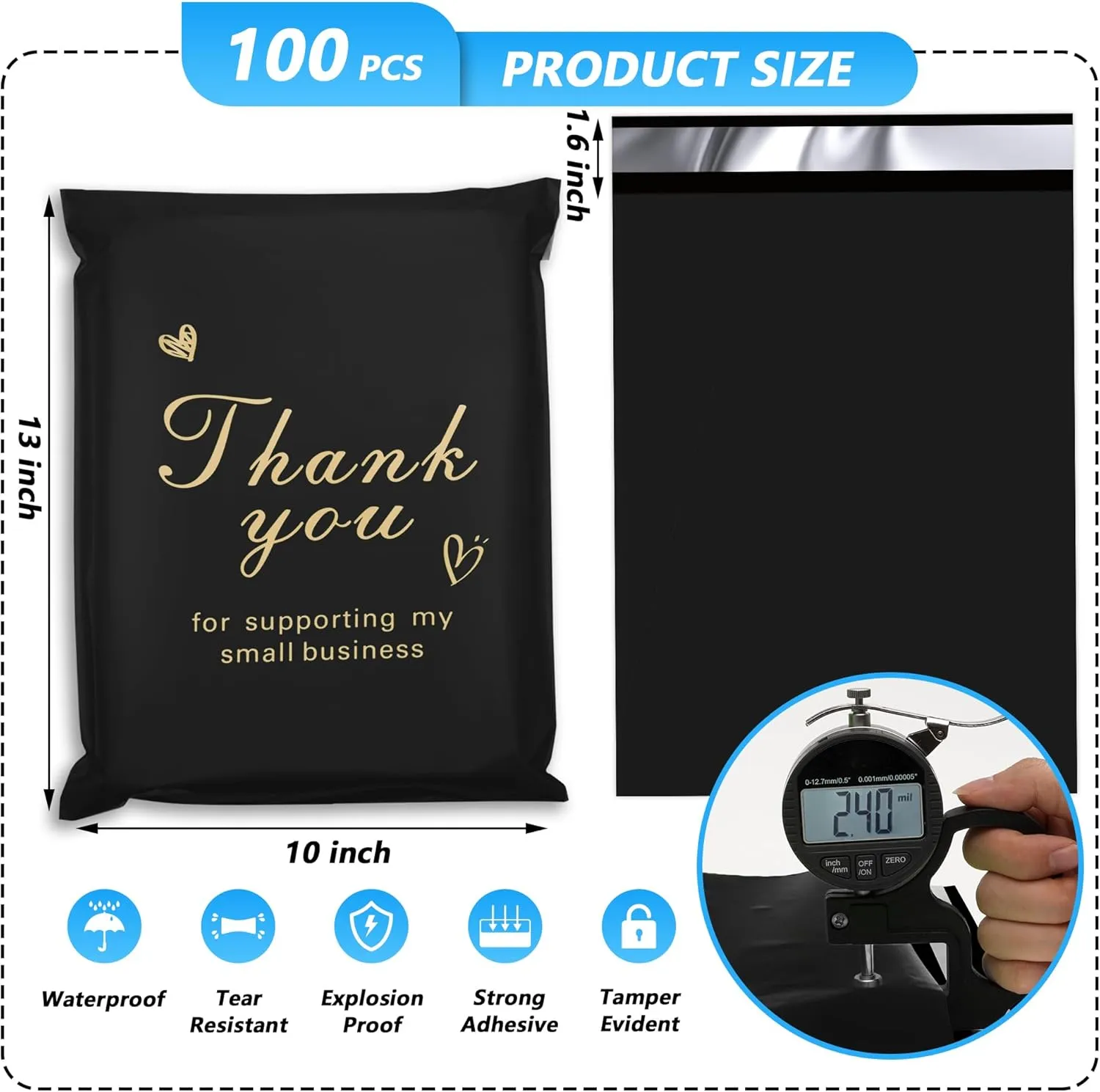 Thank You Poly Mailer - 10x13 Inch, 100 Pcs Waterproof & Tear-Resistant Shipping Bags for Clothing, Strong Self-Seal Mailing Bags, Cute Packaging for Small Business