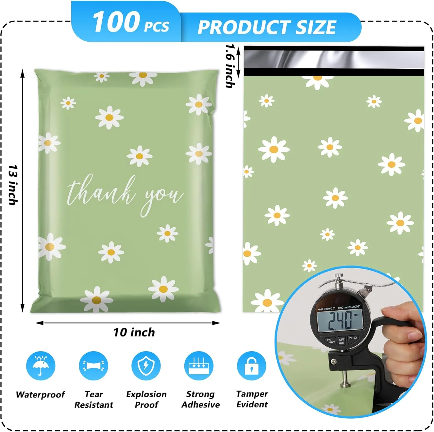 Thank You Poly Mailer 10x13 Inch 100 Pcs, Waterproof and Tear-Resistant Shipping Bags for Clothing, Cute Mailing Bags with Self-Seal, Chrysanthemum Printed Packaging Bags for Small Business