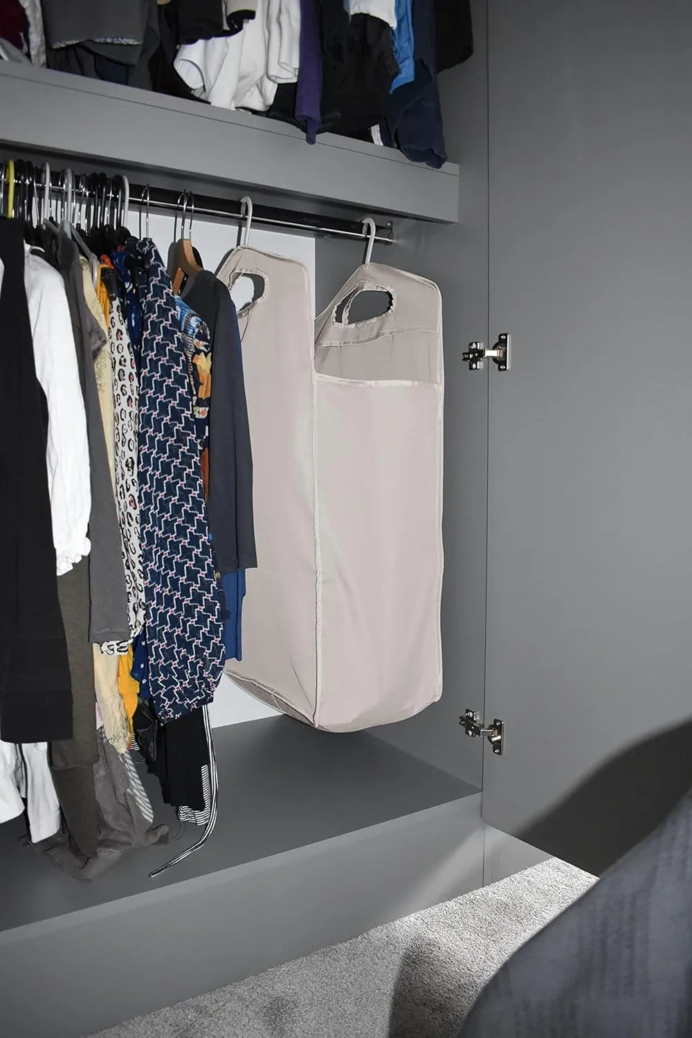 The Fine Living Co. Hanging Laundry Hamper Bag, Heavy Duty Hanger, Space Saving Closet Hamper Organizer (Beige)