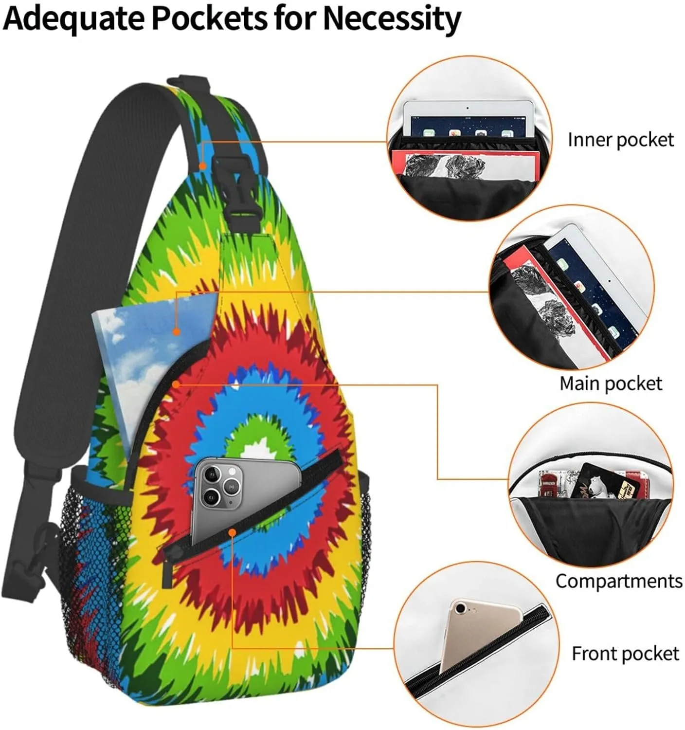 Tie Dye Swirl Rainbow Chest Bags Crossbody Sling Bag Shoulder Bag Travel Hiking Daypack For Men Women