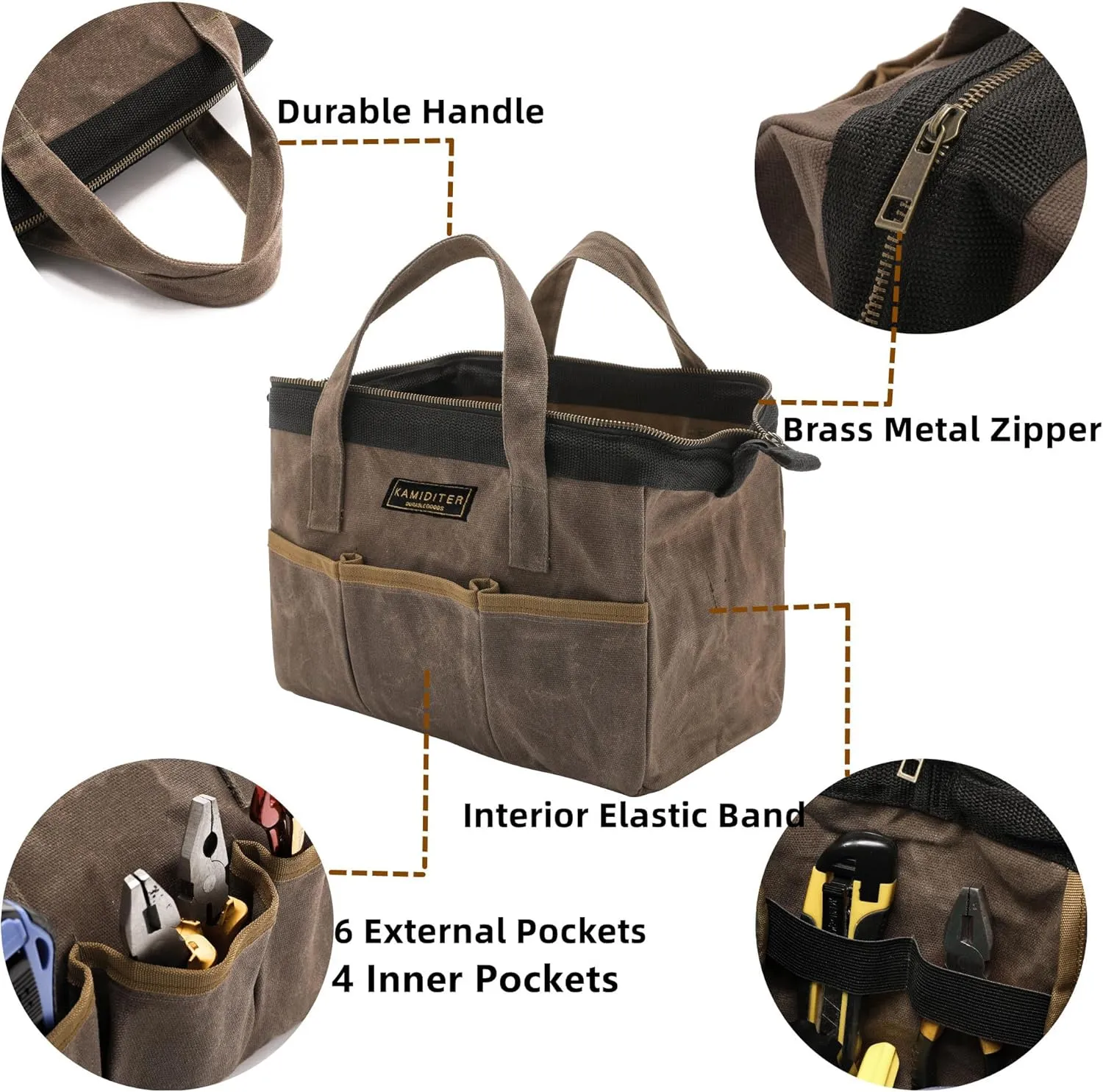 Tool Bag, 13-inch Heavy Duty 16oz Waxed Canvas Wide Mouth Water-Resistant Tool Bag, Tool Tote with Handle for Tools, Wrenches, Screwdrivers (13 X 7 X 9 inch) | Grey