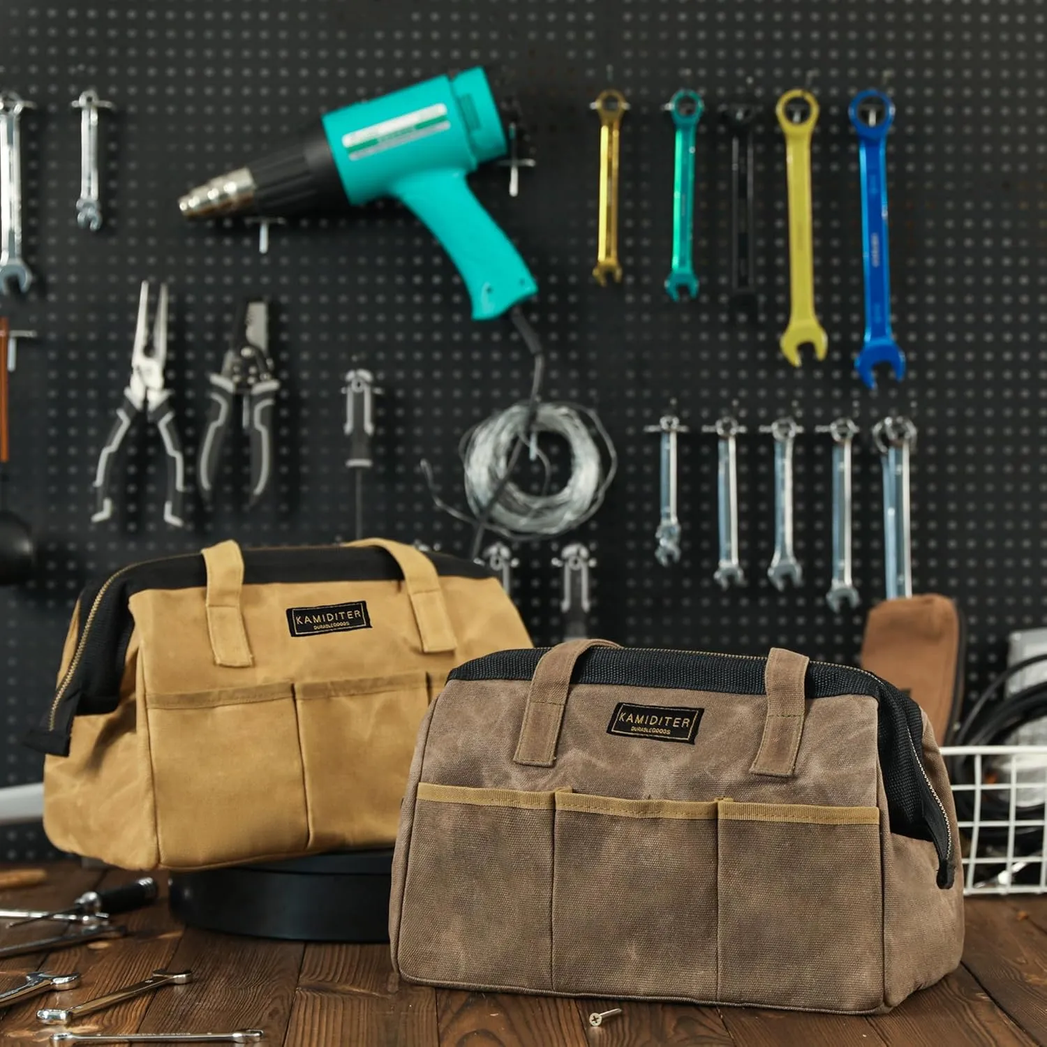 Tool Bag, 13-inch Heavy Duty 16oz Waxed Canvas Wide Mouth Water-Resistant Tool Bag, Tool Tote with Handle for Tools, Wrenches, Screwdrivers (13 X 7 X 9 inch) | Grey