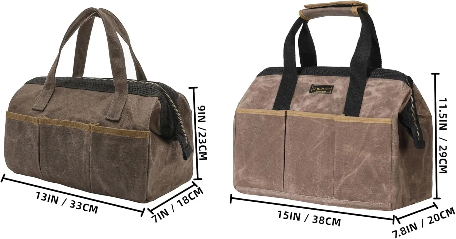 Tool Bag, 13-inch Heavy Duty 16oz Waxed Canvas Wide Mouth Water-Resistant Tool Bag, Tool Tote with Handle for Tools, Wrenches, Screwdrivers (13 X 7 X 9 inch) | Grey
