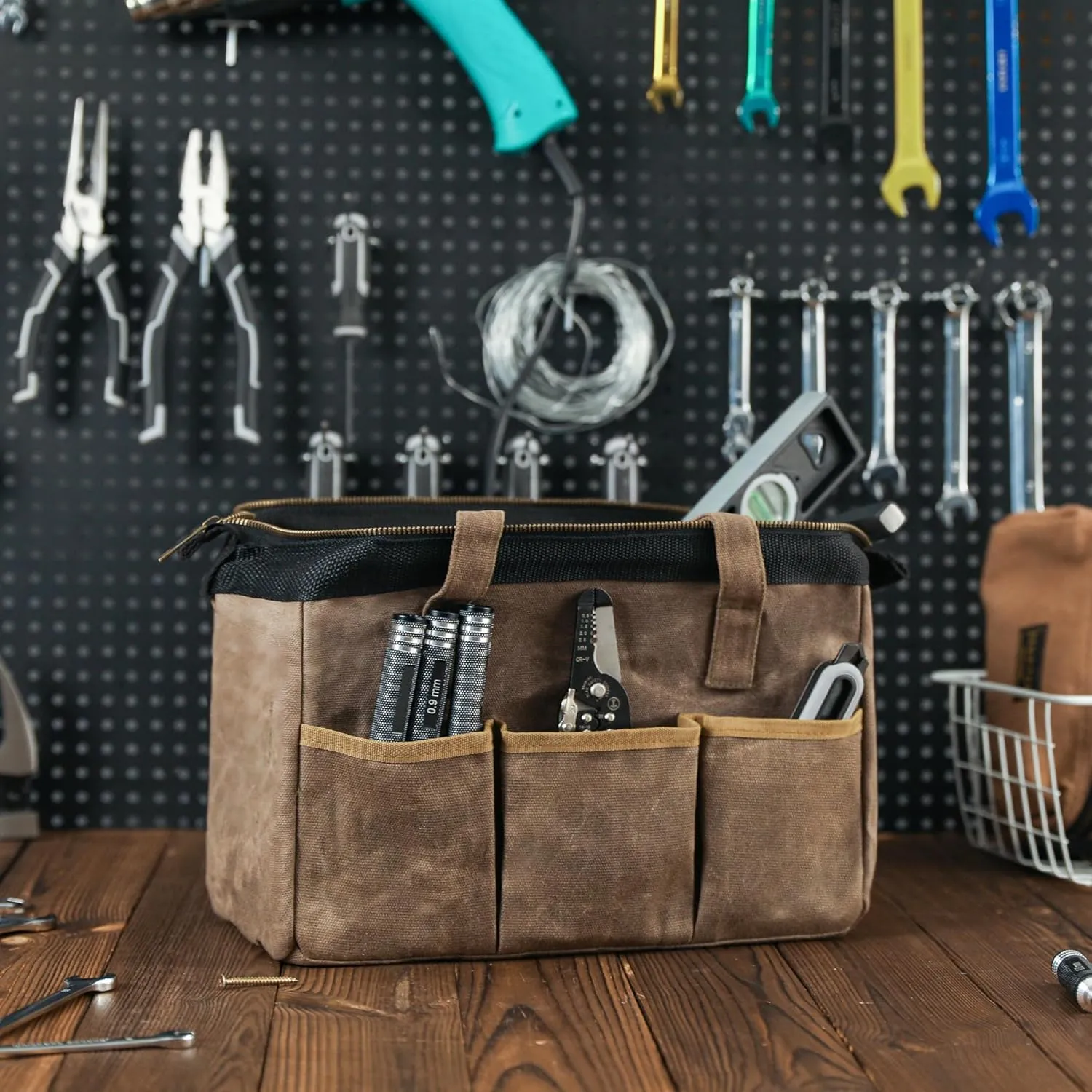 Tool Bag, 13-inch Heavy Duty 16oz Waxed Canvas Wide Mouth Water-Resistant Tool Bag, Tool Tote with Handle for Tools, Wrenches, Screwdrivers (13 X 7 X 9 inch) | Grey