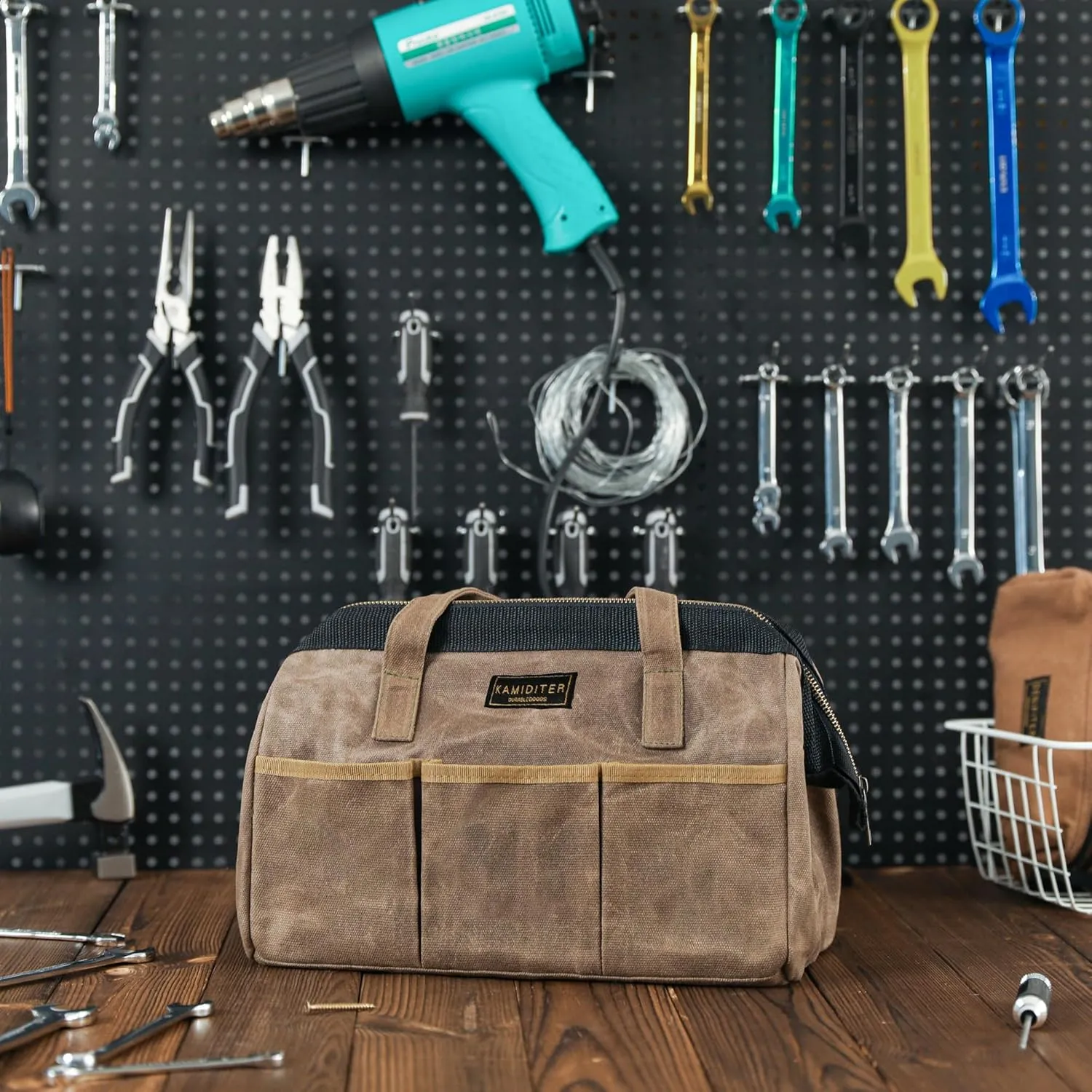 Tool Bag, 13-inch Heavy Duty 16oz Waxed Canvas Wide Mouth Water-Resistant Tool Bag, Tool Tote with Handle for Tools, Wrenches, Screwdrivers (13 X 7 X 9 inch) | Grey