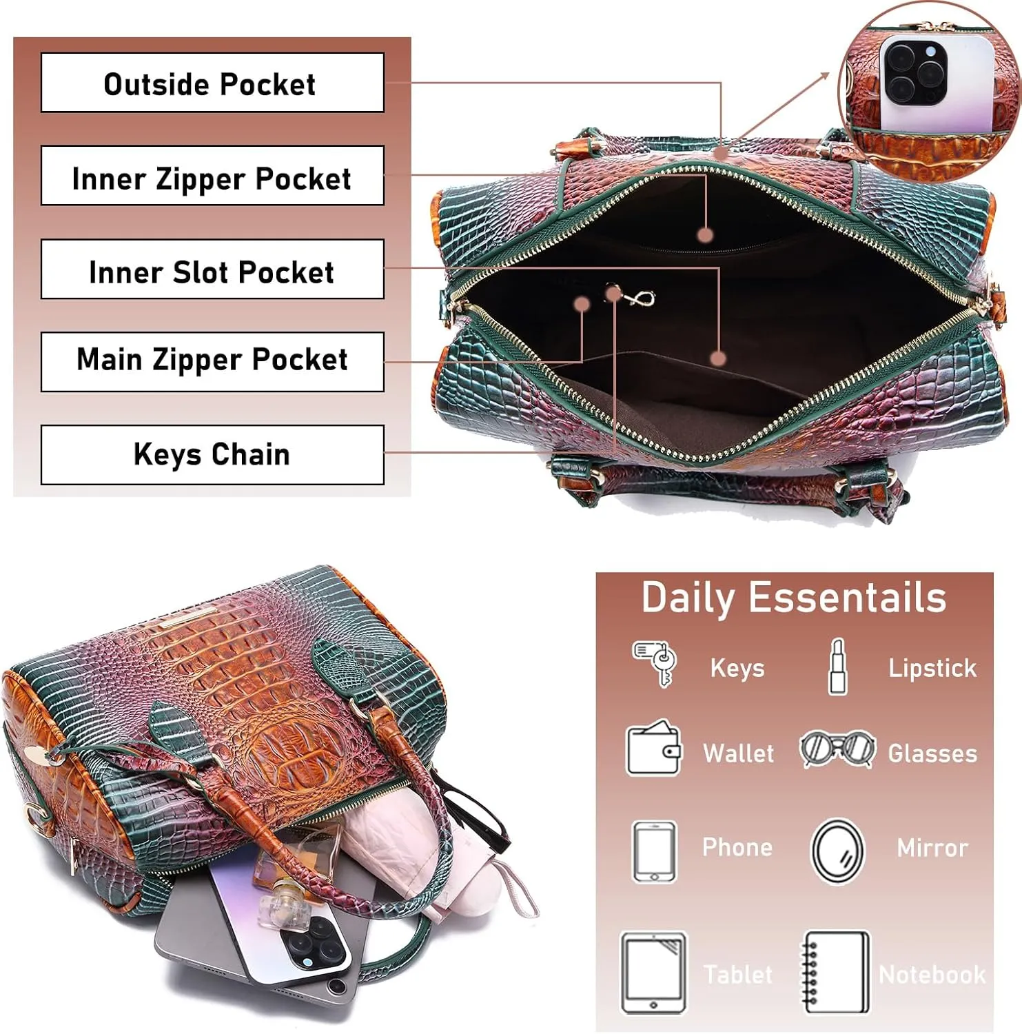 Top-Handle Crocodile Purses For Women Crossbody Leather Bags Trendy Large Capacity Tote with Shoulder Strap