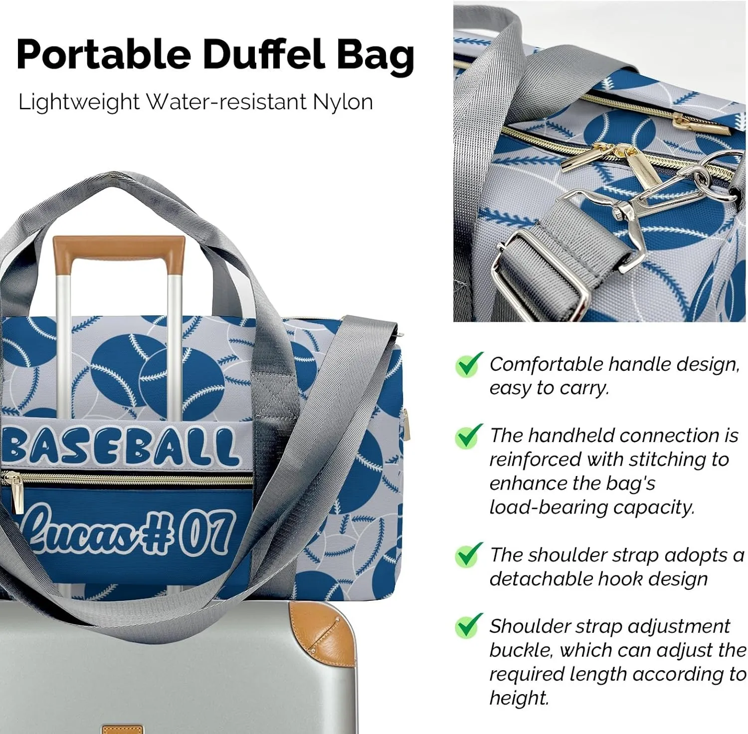 Travel Bag Baseball Blue Navy Grey Customized Duffel Bags Weekender Overnight Bag Personalized Gift