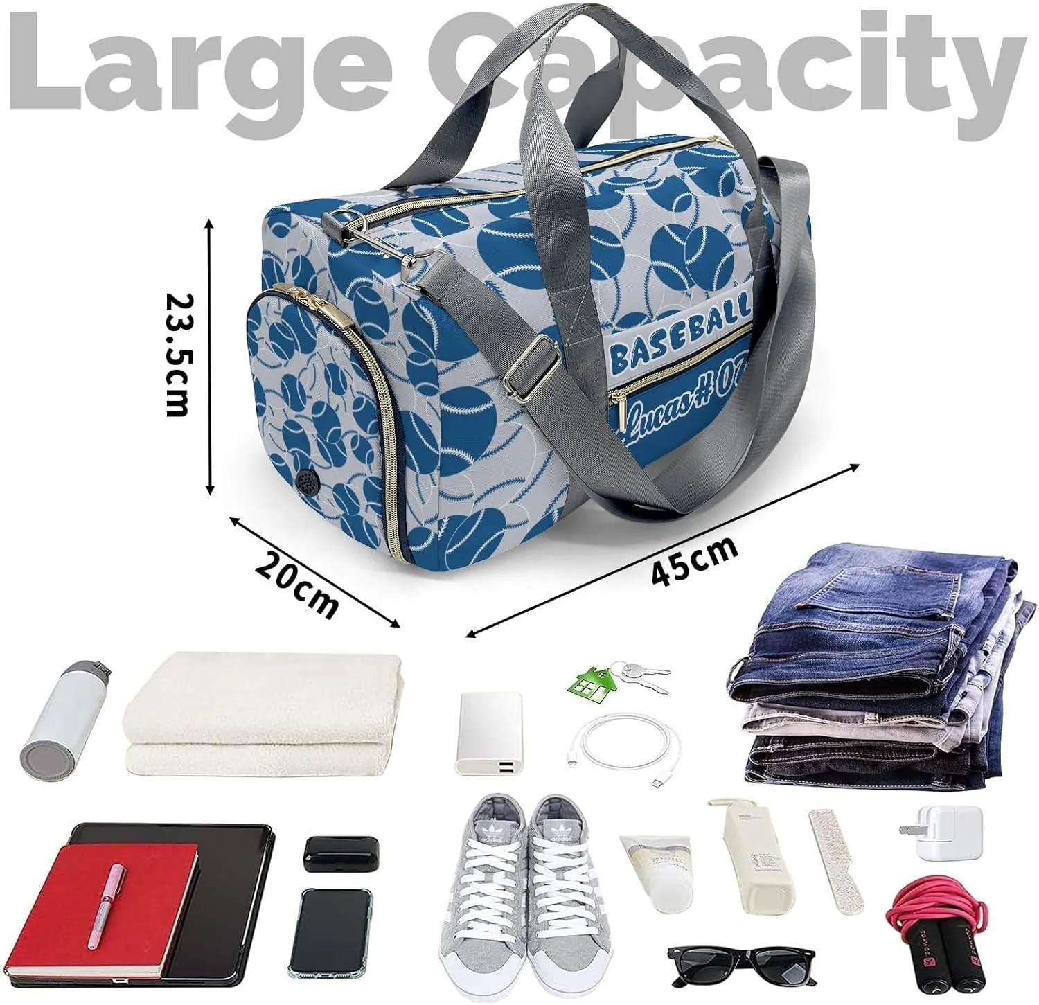 Travel Bag Baseball Blue Navy Grey Customized Duffel Bags Weekender Overnight Bag Personalized Gift