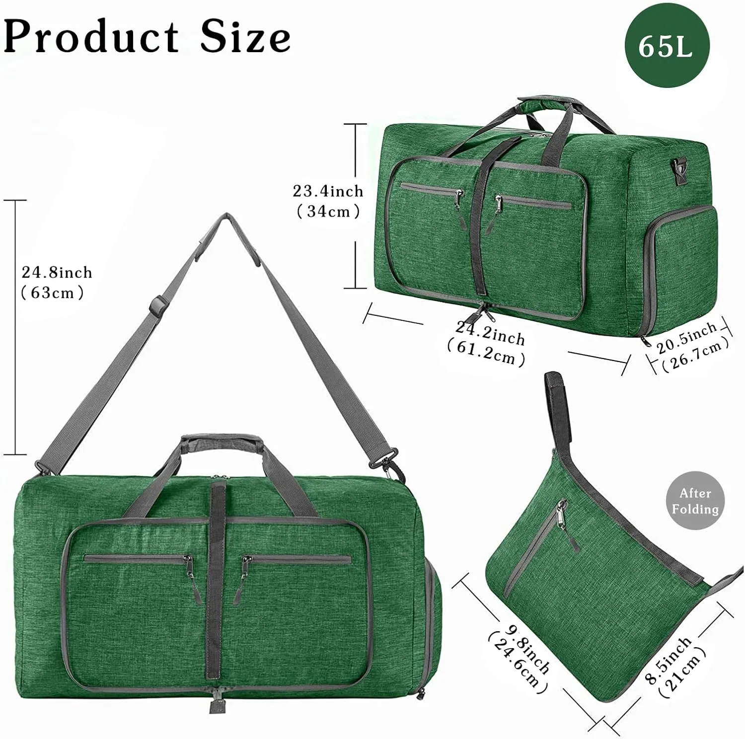 Travel Duffle Bag for Men/Women 65L Foldable Sport Duffel Bag Gym Tote Bag with Shoes Compartment Large Overnight Bag Weekend Shoulder Bag Lightweight Carry On Luggage Hospital Bag Dark Green