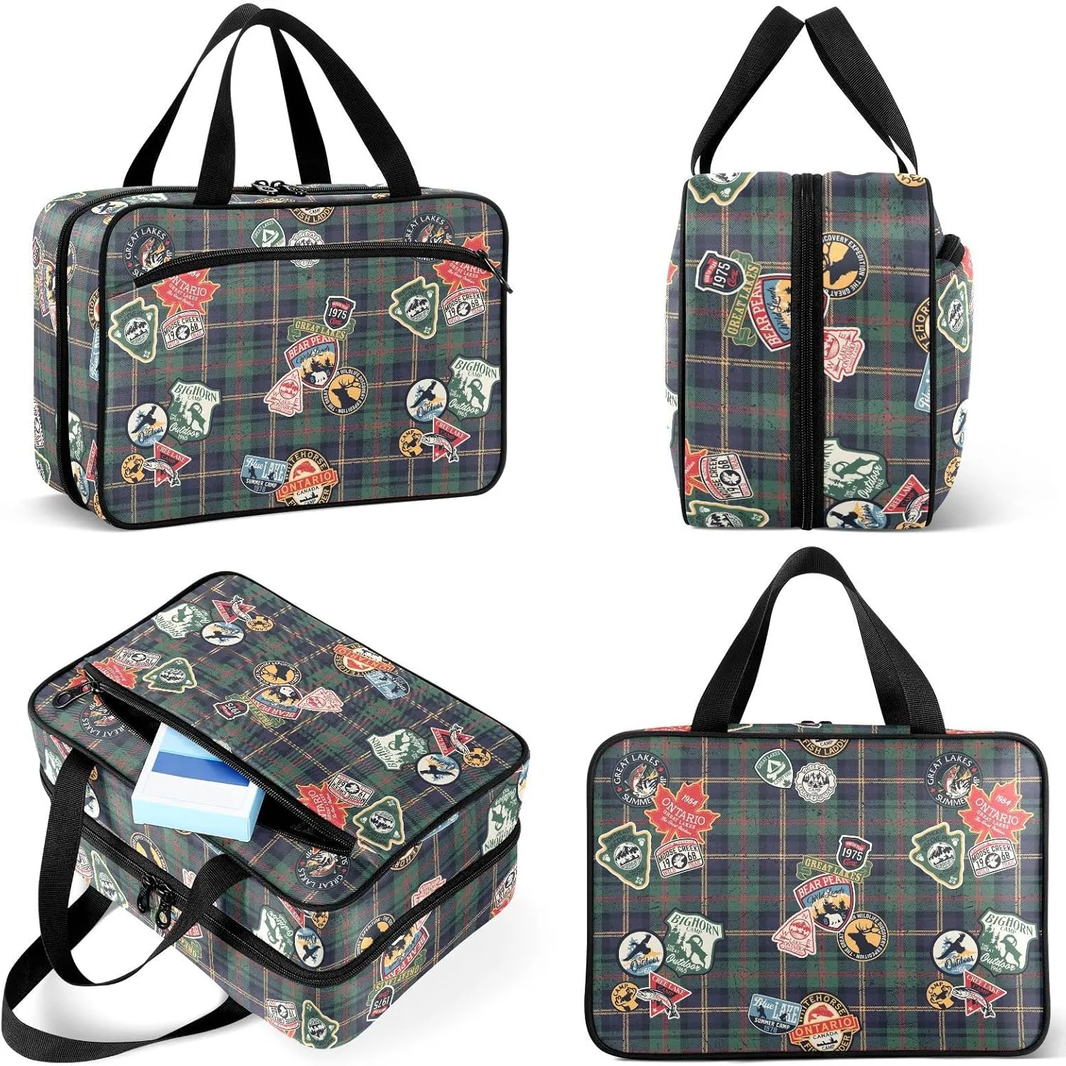 Travel Toiletry Bag for Woman/Men,Deep Green Tartan Camping Forest Animal Hanging Organizer Bag with Pockets Portable Folding Travel Case Bags for Makeup Cosmetic Toiletries Storage Traveling-L