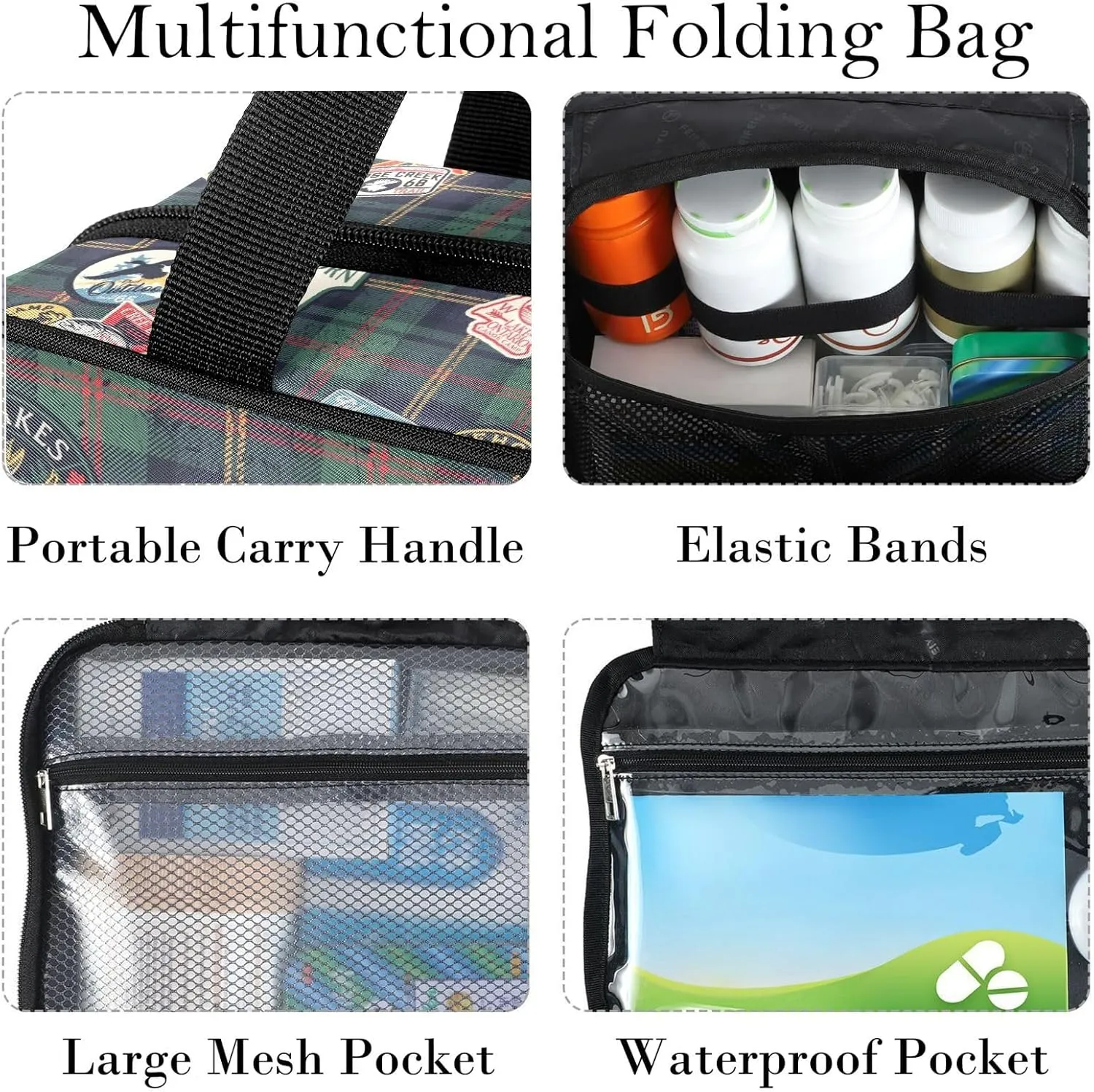 Travel Toiletry Bag for Woman/Men,Deep Green Tartan Camping Forest Animal Hanging Organizer Bag with Pockets Portable Folding Travel Case Bags for Makeup Cosmetic Toiletries Storage Traveling-L