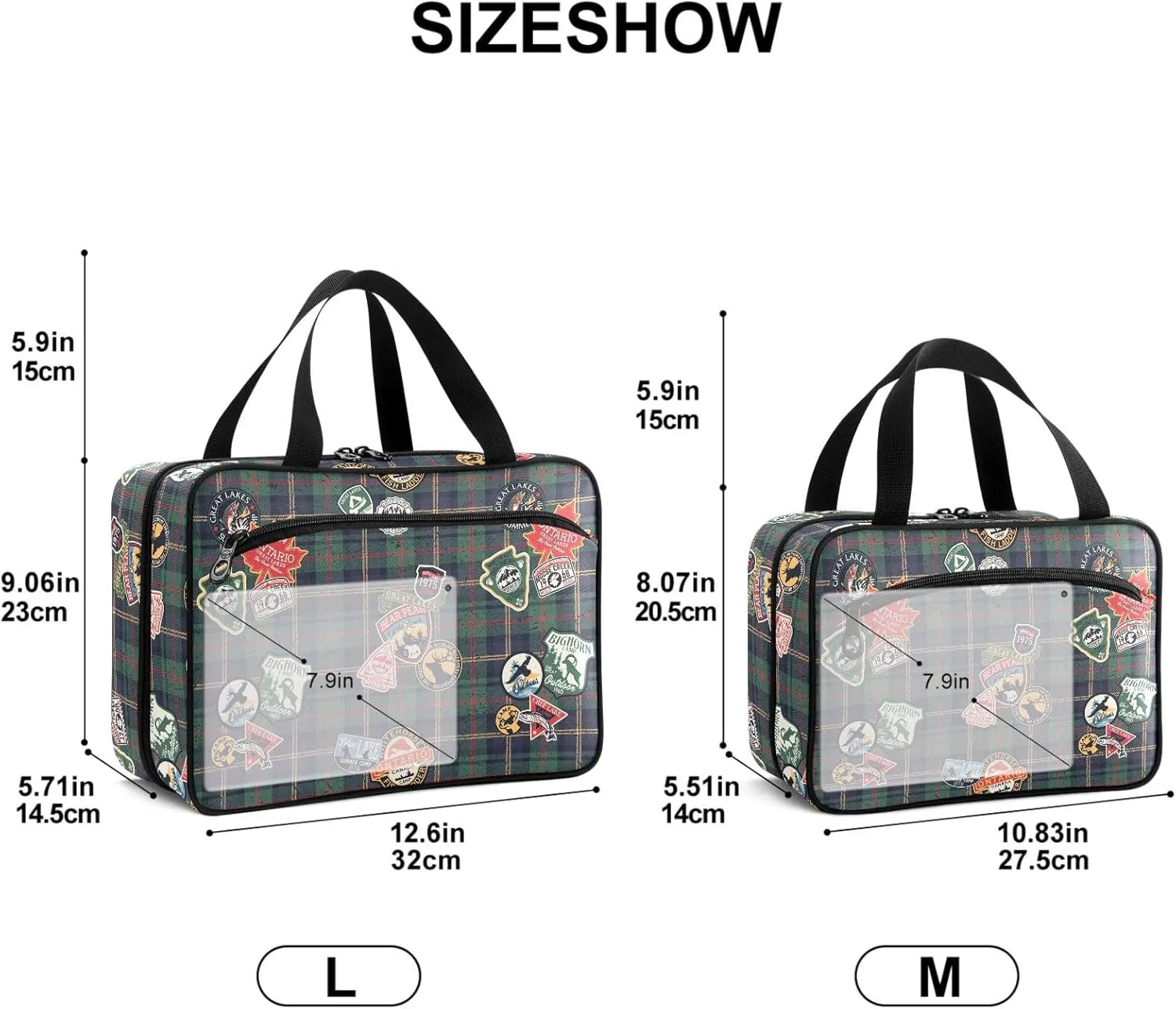 Travel Toiletry Bag for Woman/Men,Deep Green Tartan Camping Forest Animal Hanging Organizer Bag with Pockets Portable Folding Travel Case Bags for Makeup Cosmetic Toiletries Storage Traveling-L