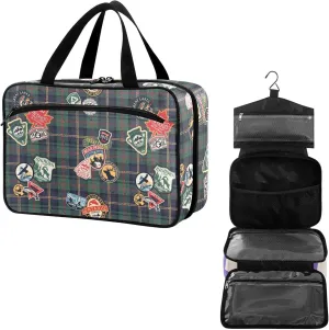 Travel Toiletry Bag for Woman/Men,Deep Green Tartan Camping Forest Animal Hanging Organizer Bag with Pockets Portable Folding Travel Case Bags for Makeup Cosmetic Toiletries Storage Traveling-L