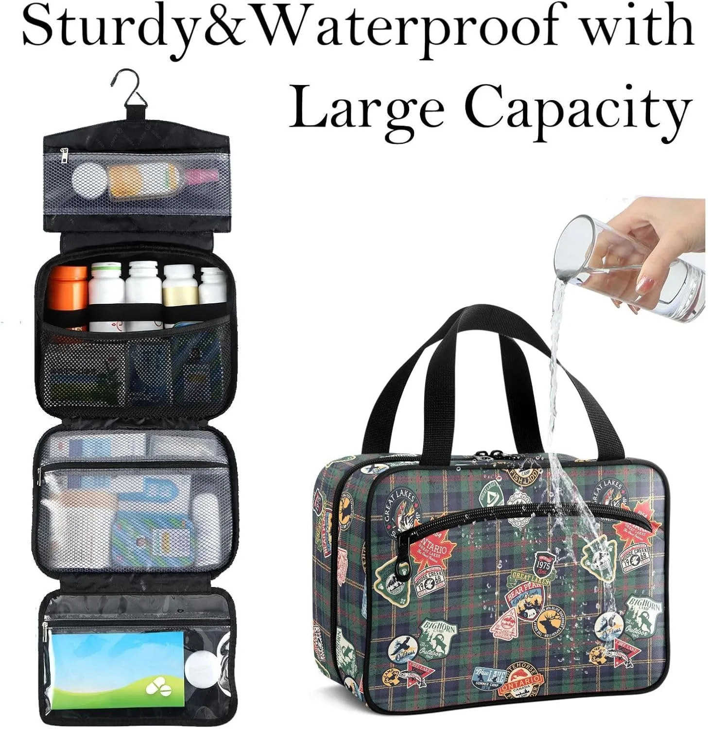 Travel Toiletry Bag for Woman/Men,Deep Green Tartan Camping Forest Animal Hanging Organizer Bag with Pockets Portable Folding Travel Case Bags for Makeup Cosmetic Toiletries Storage Traveling-L