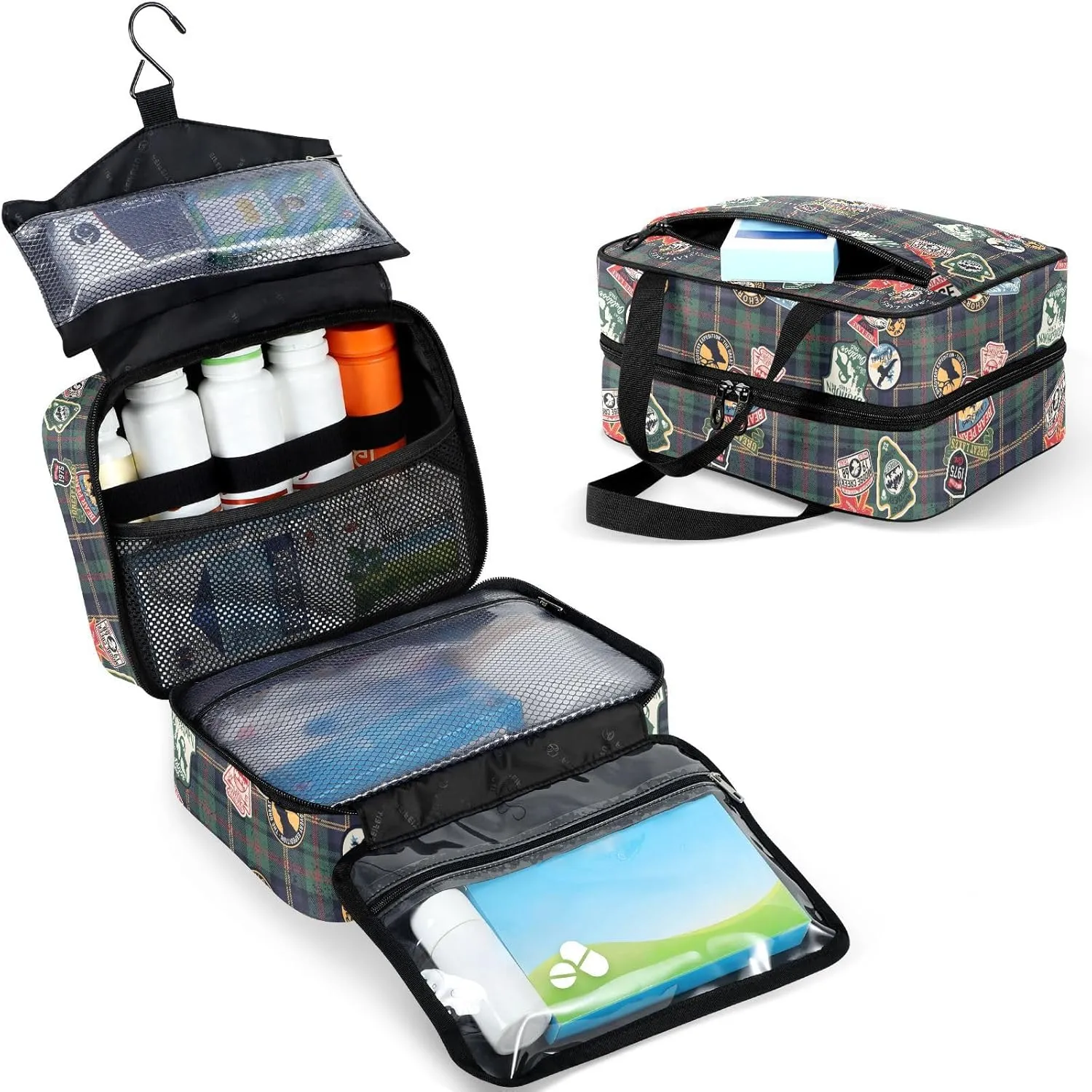Travel Toiletry Bag for Woman/Men,Deep Green Tartan Camping Forest Animal Hanging Organizer Bag with Pockets Portable Folding Travel Case Bags for Makeup Cosmetic Toiletries Storage Traveling-L