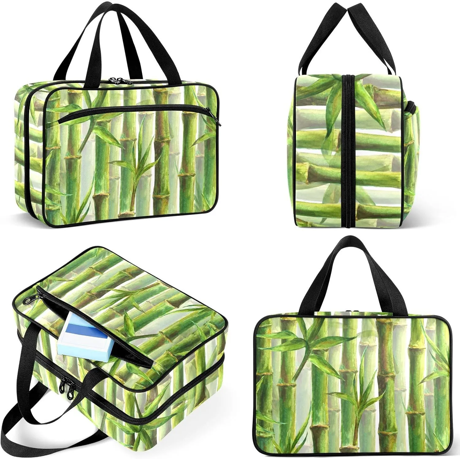Travel Toiletry Bag for Woman/Men,Green Bamboo Spring Summer Chinoiserie Hanging Organizer Bag with Pockets Portable Folding Travel Case Bags for Makeup Cosmetic Toiletries Storage Traveling-M