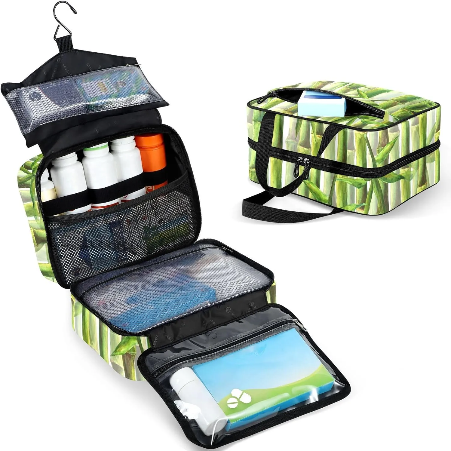 Travel Toiletry Bag for Woman/Men,Green Bamboo Spring Summer Chinoiserie Hanging Organizer Bag with Pockets Portable Folding Travel Case Bags for Makeup Cosmetic Toiletries Storage Traveling-M