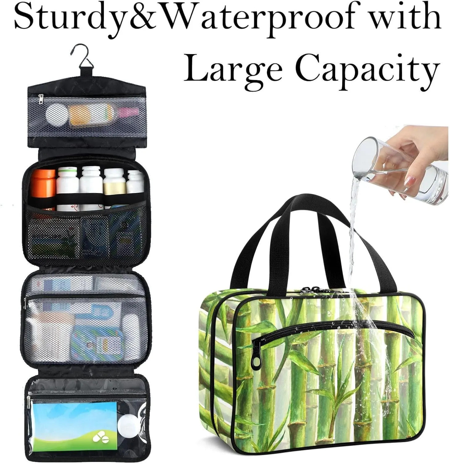 Travel Toiletry Bag for Woman/Men,Green Bamboo Spring Summer Chinoiserie Hanging Organizer Bag with Pockets Portable Folding Travel Case Bags for Makeup Cosmetic Toiletries Storage Traveling-M
