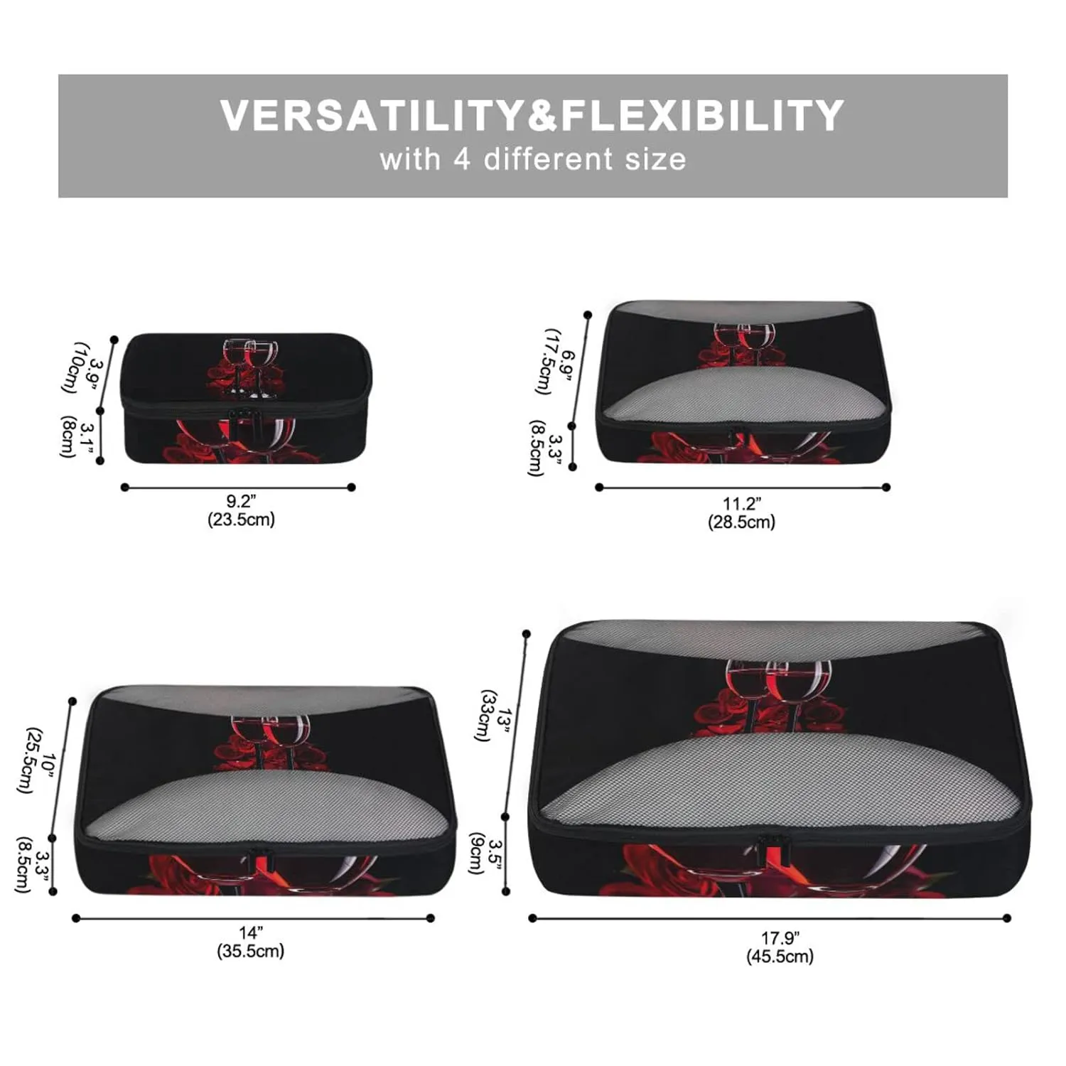 Two Glasses of Red Wine with Red Rose on Dark 4 Set Packing Cubes, Travel Packing Organizers, 600D Oxford Cloth Toiletry Storage Bag, Luggage Mesh Bags for Accessories