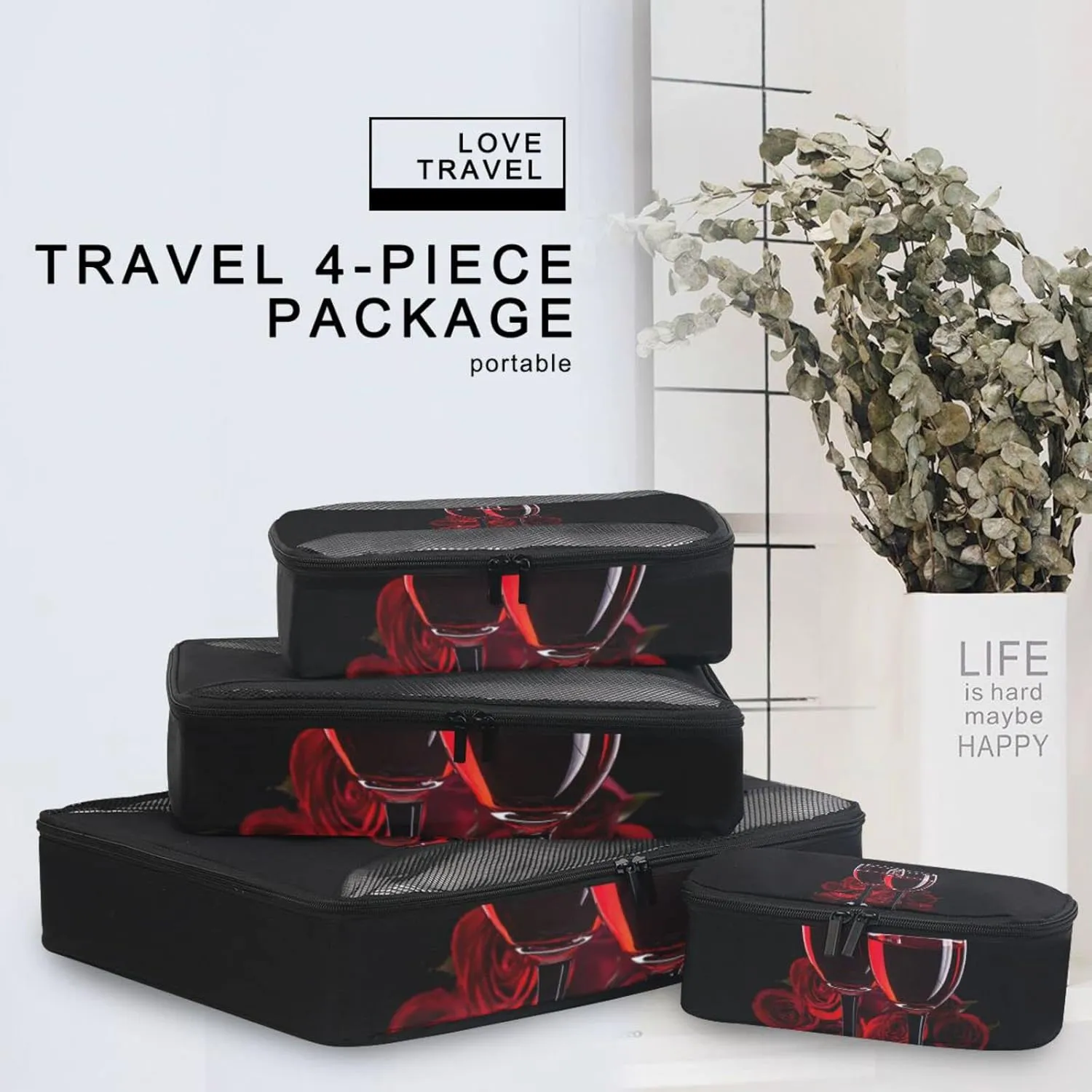 Two Glasses of Red Wine with Red Rose on Dark 4 Set Packing Cubes, Travel Packing Organizers, 600D Oxford Cloth Toiletry Storage Bag, Luggage Mesh Bags for Accessories