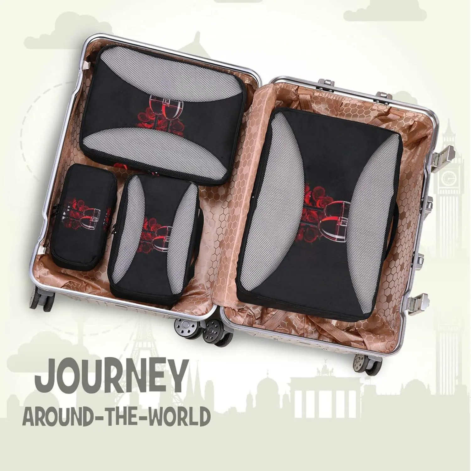 Two Glasses of Red Wine with Red Rose on Dark 4 Set Packing Cubes, Travel Packing Organizers, 600D Oxford Cloth Toiletry Storage Bag, Luggage Mesh Bags for Accessories