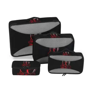 Two Glasses of Red Wine with Red Rose on Dark 4 Set Packing Cubes, Travel Packing Organizers, 600D Oxford Cloth Toiletry Storage Bag, Luggage Mesh Bags for Accessories