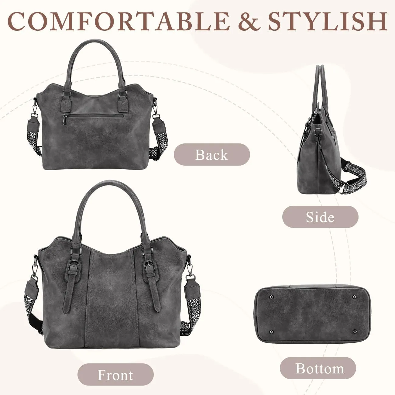 VASCHY Hobo Bags for Women, Vegan Leather Top Handle Satchel Shoulder Purse Handbag Purse with Crossbody Guitar Strap