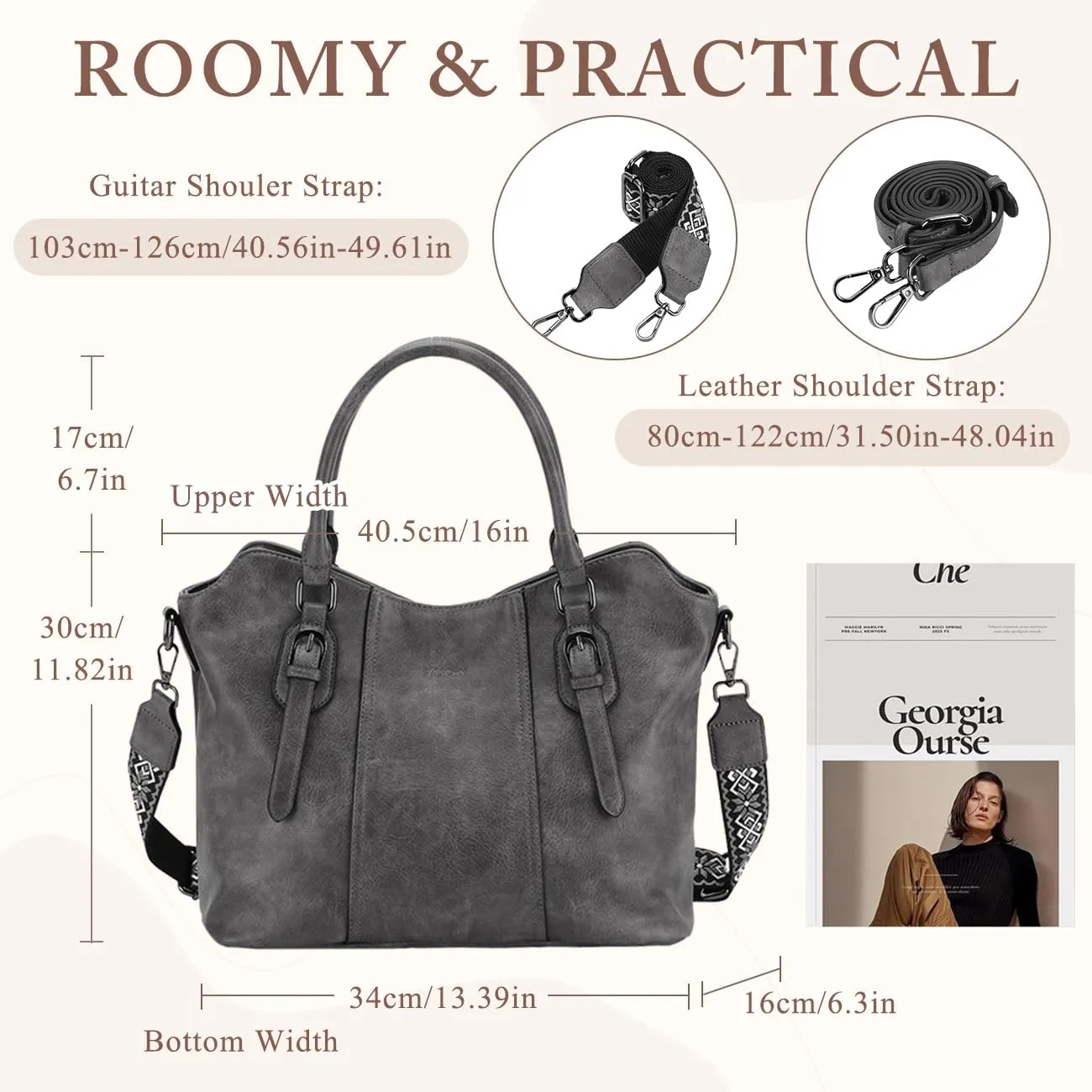 VASCHY Hobo Bags for Women, Vegan Leather Top Handle Satchel Shoulder Purse Handbag Purse with Crossbody Guitar Strap