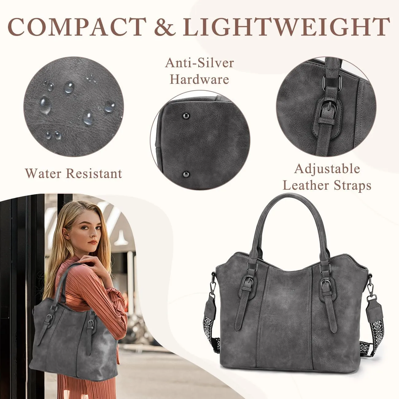 VASCHY Hobo Bags for Women, Vegan Leather Top Handle Satchel Shoulder Purse Handbag Purse with Crossbody Guitar Strap