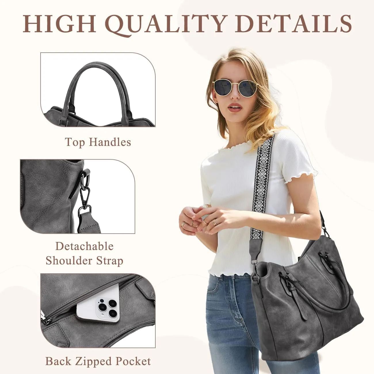 VASCHY Hobo Bags for Women, Vegan Leather Top Handle Satchel Shoulder Purse Handbag Purse with Crossbody Guitar Strap