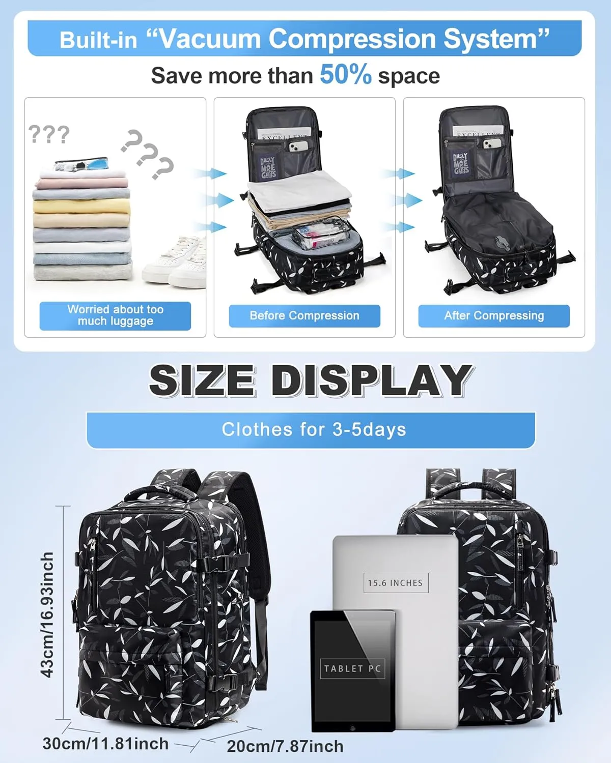 VGCUB Large Travel Backpack with Vacuum System Carry on 18x14x8 Inches Storage Compression Bags with Electric Pump Work Business Vacpack College Airback Laptop Backpack for Women Men Leafy Black
