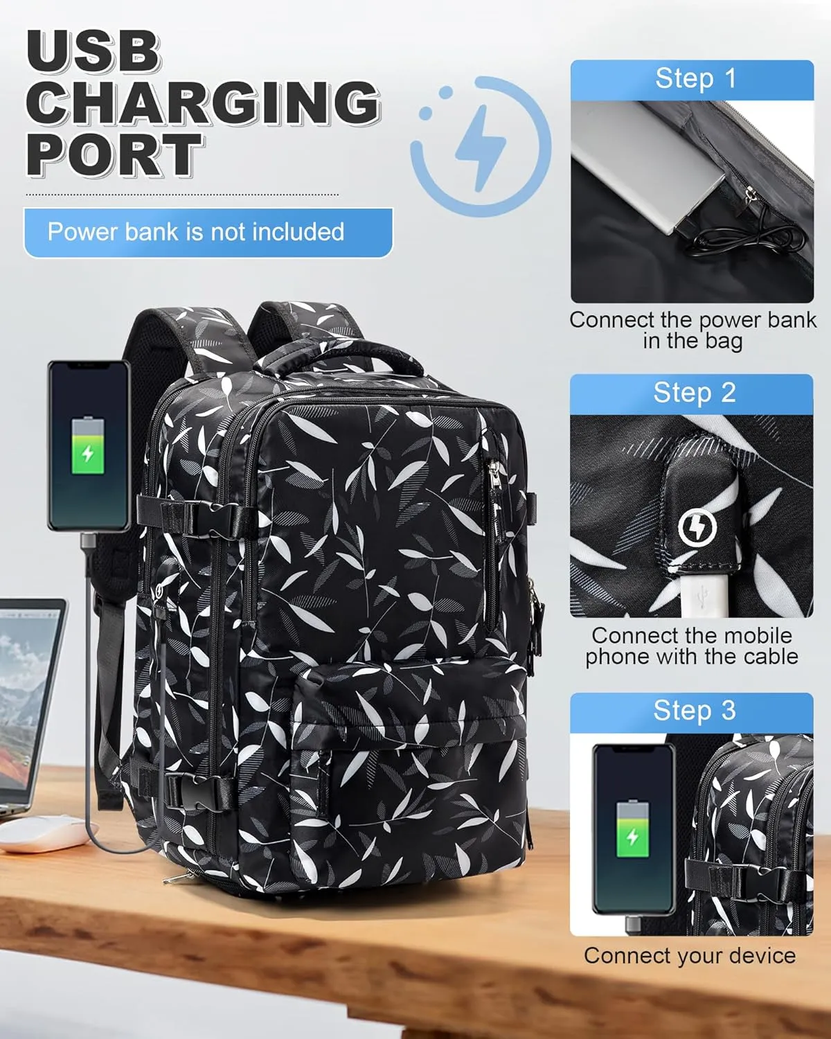 VGCUB Large Travel Backpack with Vacuum System Carry on 18x14x8 Inches Storage Compression Bags with Electric Pump Work Business Vacpack College Airback Laptop Backpack for Women Men Leafy Black