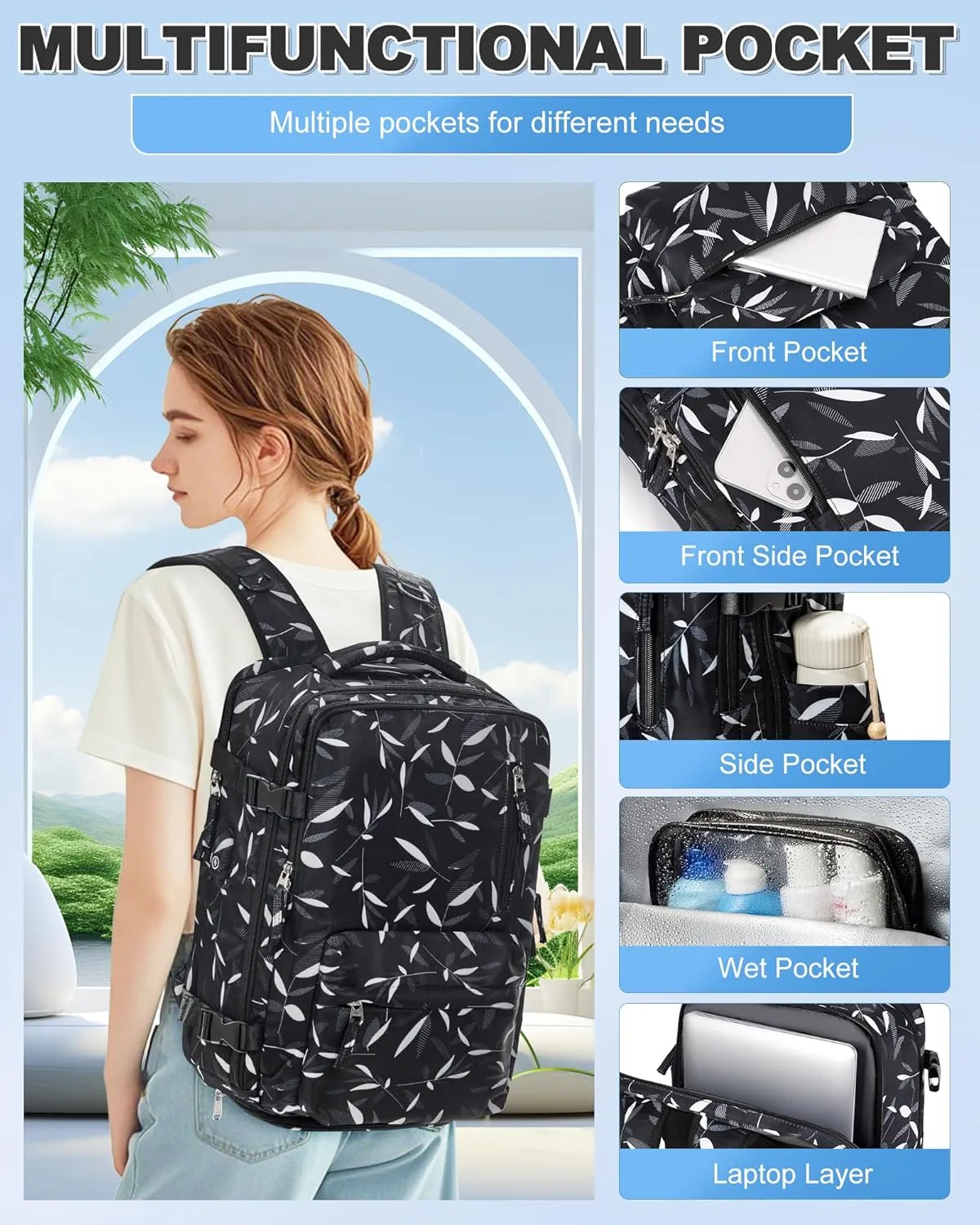 VGCUB Large Travel Backpack with Vacuum System Carry on 18x14x8 Inches Storage Compression Bags with Electric Pump Work Business Vacpack College Airback Laptop Backpack for Women Men Leafy Black