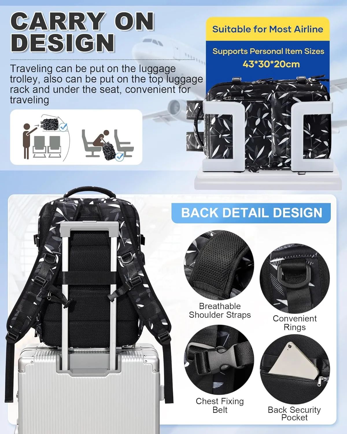 VGCUB Large Travel Backpack with Vacuum System Carry on 18x14x8 Inches Storage Compression Bags with Electric Pump Work Business Vacpack College Airback Laptop Backpack for Women Men Leafy Black