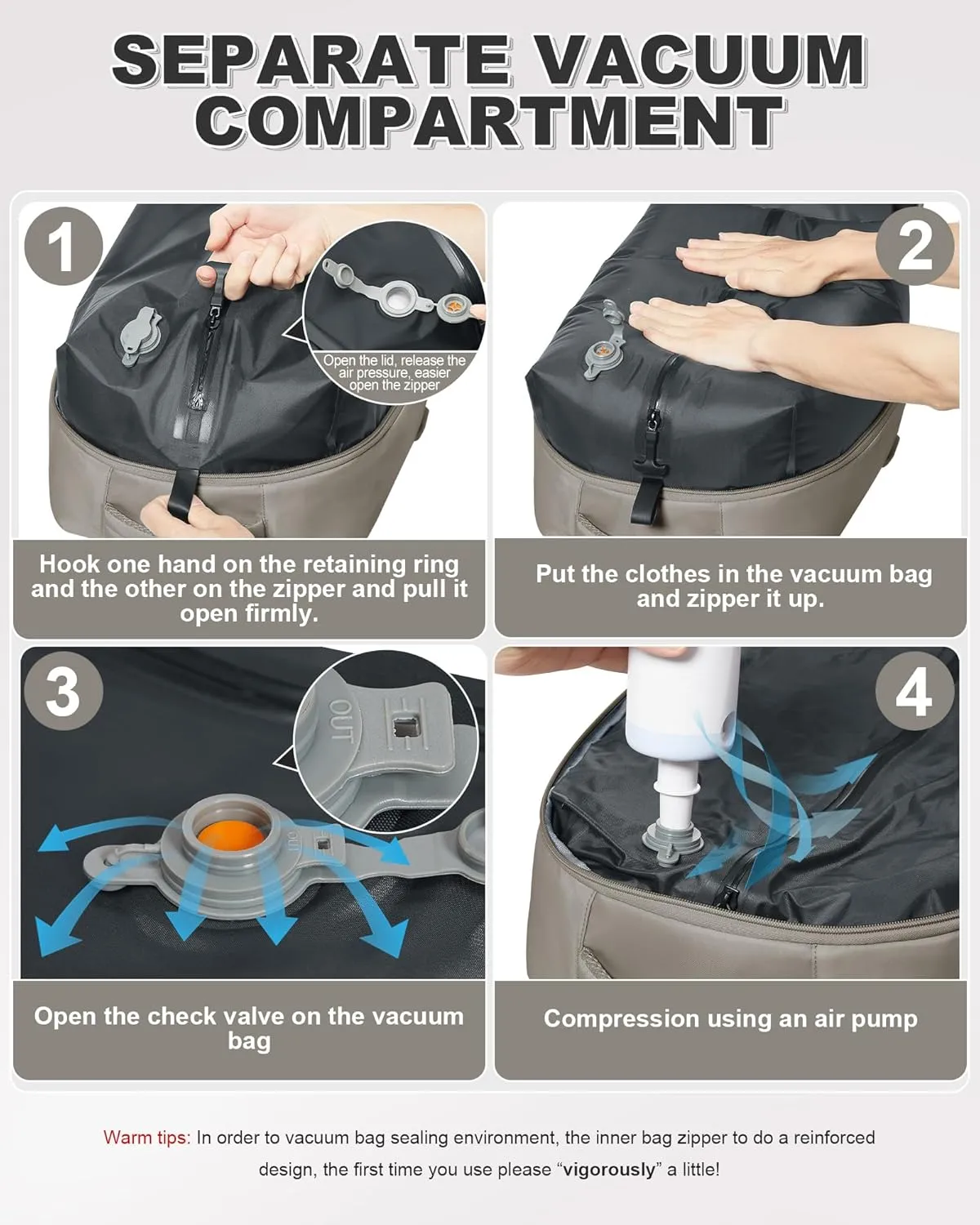 VGCUB Large Travel Backpack with Vacuum System Carry on Storage Compression Personal Item Bags with Electric Pump Work Business Vacpack College Airback lightweight Backpack for Women Men Brown