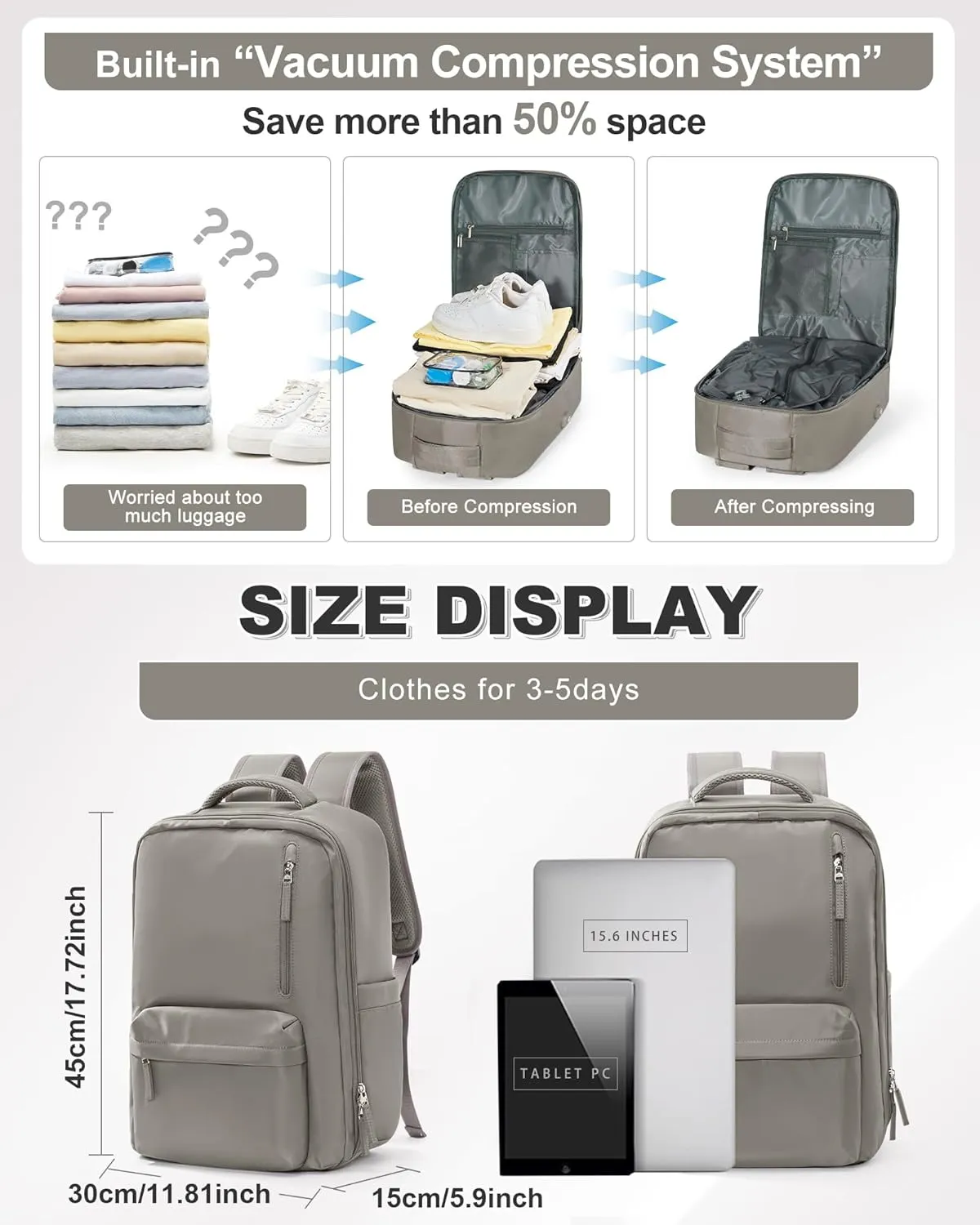 VGCUB Large Travel Backpack with Vacuum System Carry on Storage Compression Personal Item Bags with Electric Pump Work Business Vacpack College Airback lightweight Backpack for Women Men Brown
