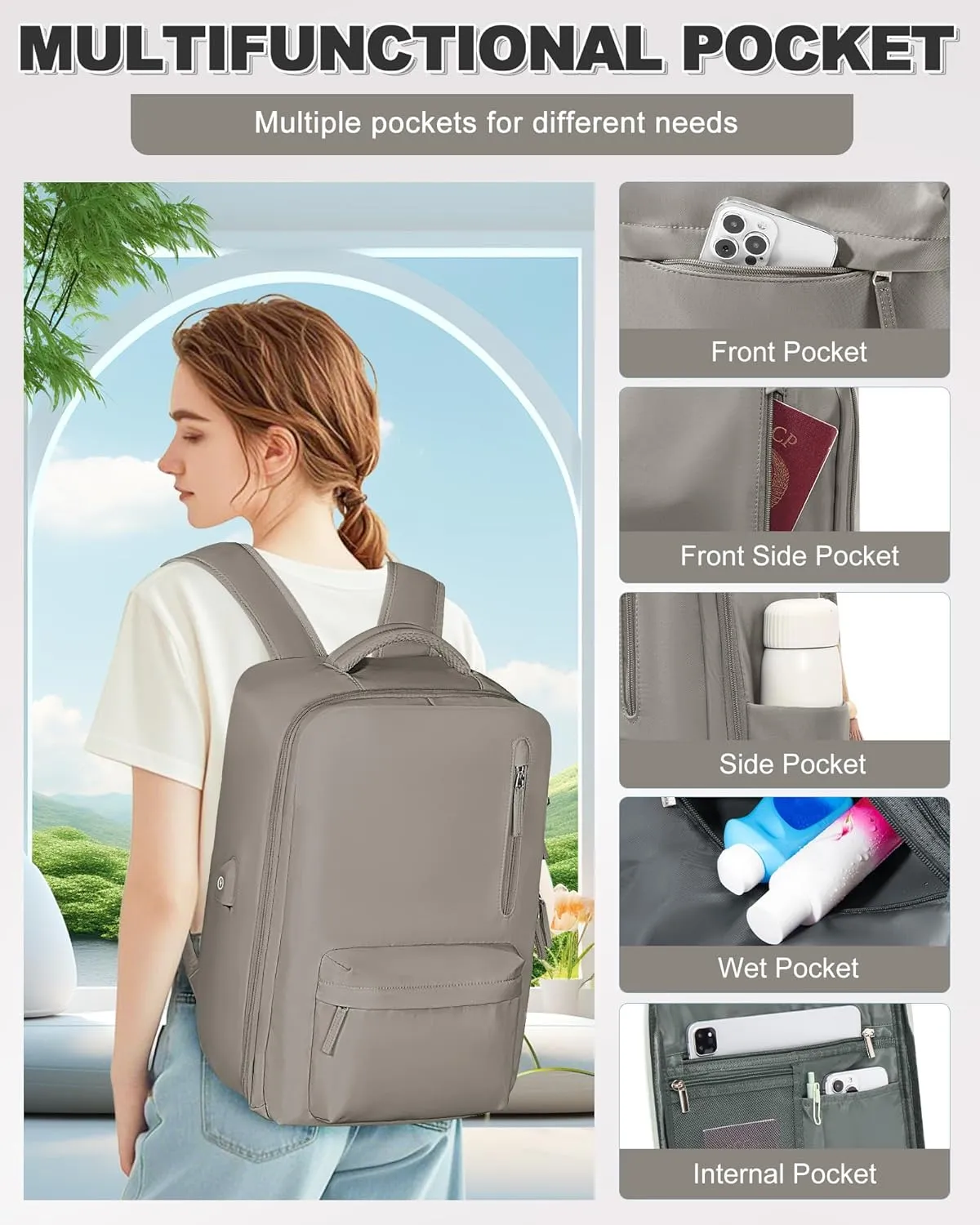 VGCUB Large Travel Backpack with Vacuum System Carry on Storage Compression Personal Item Bags with Electric Pump Work Business Vacpack College Airback lightweight Backpack for Women Men Brown
