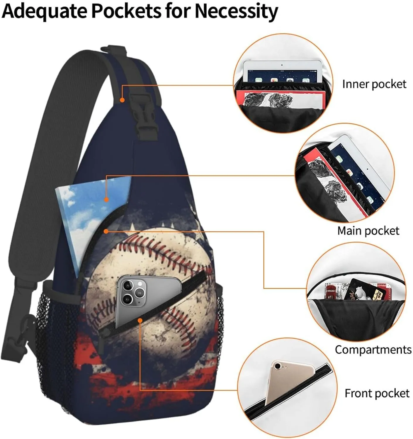 Vintage American Flag Baseball Chest Bags Crossbody Sling Bag Shoulder Bag Travel Hiking Daypack For Men Women