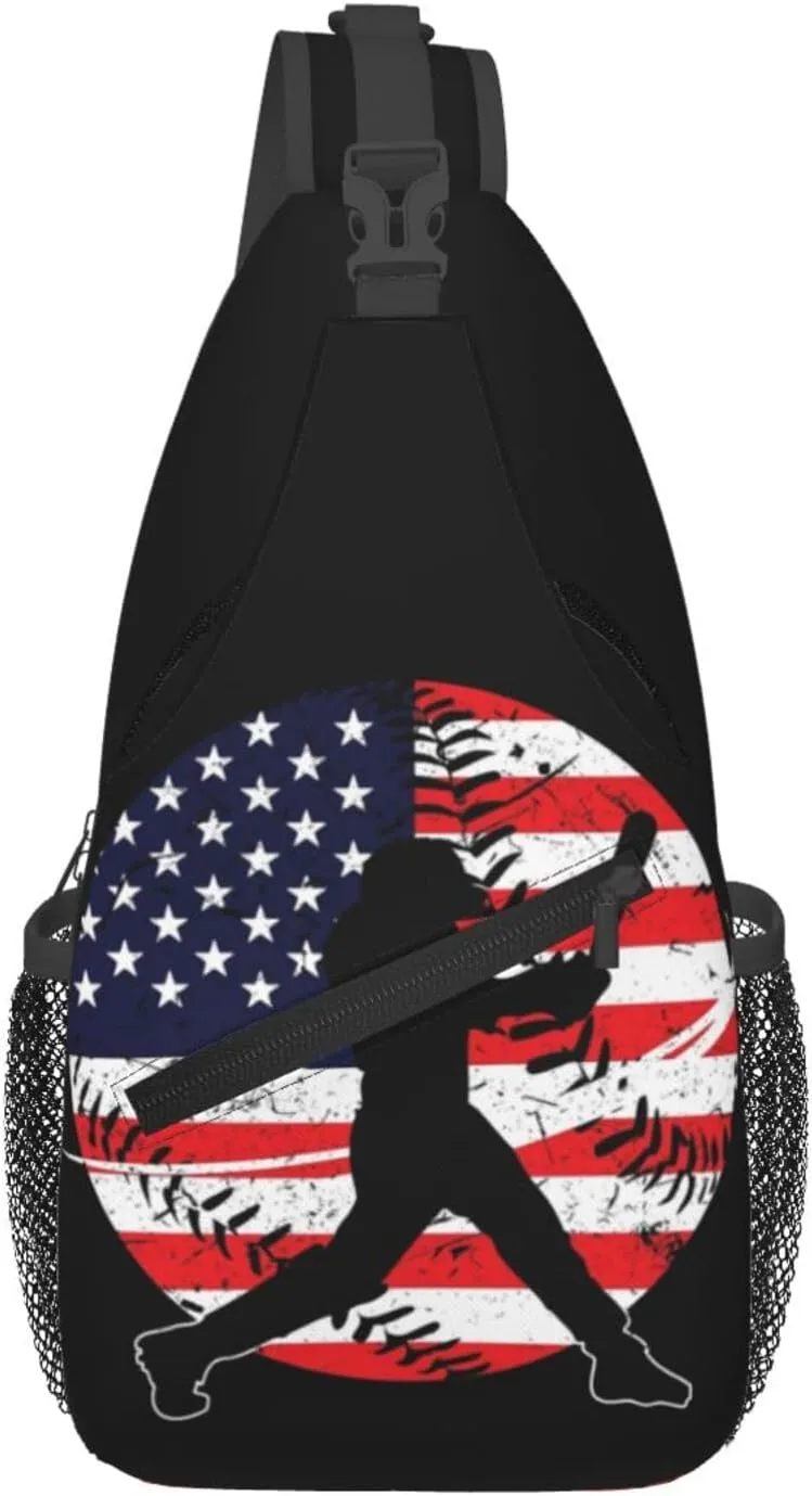 Vintage American Flag Baseball Player Chest Bags Crossbody Sling Bag Shoulder Bag Travel Hiking Daypack For Men Women