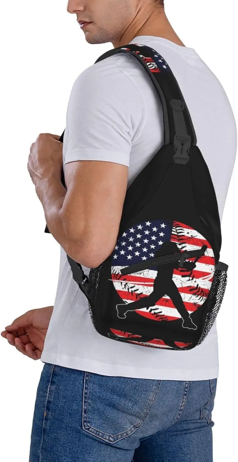 Vintage American Flag Baseball Player Chest Bags Crossbody Sling Bag Shoulder Bag Travel Hiking Daypack For Men Women