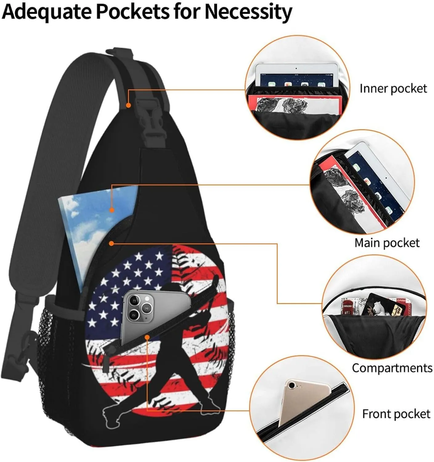Vintage American Flag Baseball Player Chest Bags Crossbody Sling Bag Shoulder Bag Travel Hiking Daypack For Men Women