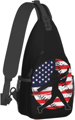 Vintage American Flag Baseball Player Chest Bags Crossbody Sling Bag Shoulder Bag Travel Hiking Daypack For Men Women