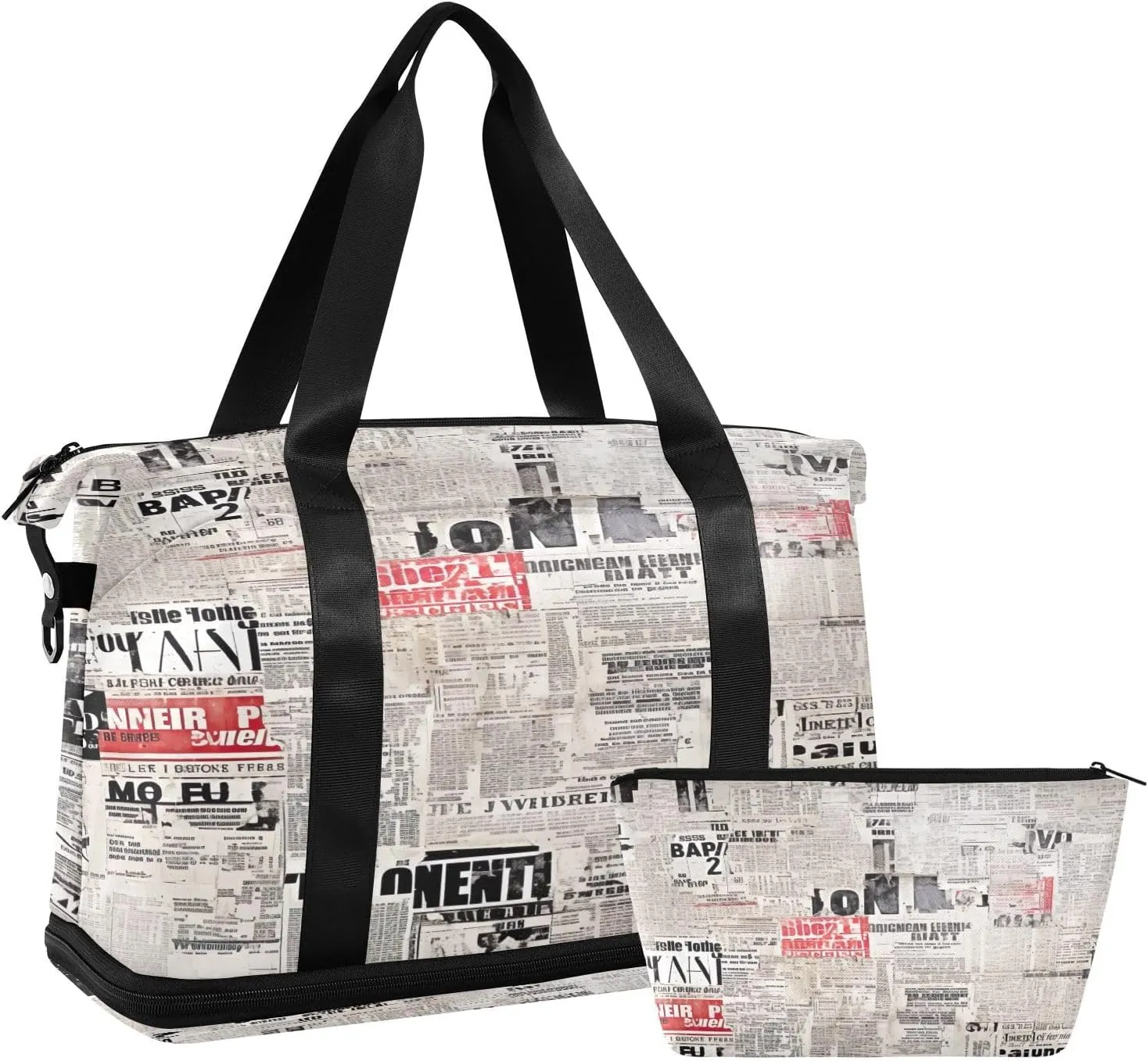 Vintage Newspaper Texture Gym Bag - Weekender Overnight Bags for Women Men, Sport Travel Duffel Bag with Wet Pocket & Shoe Compartment