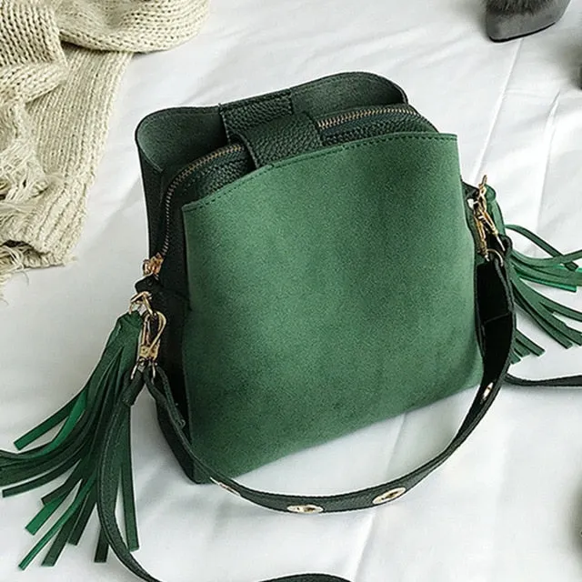 vip  Fashion Scrub Women Bucket Bag Vintage Tassel Messenger Bag High Quality Retro Shoulder Bag Simple Crossbody Bag Tote