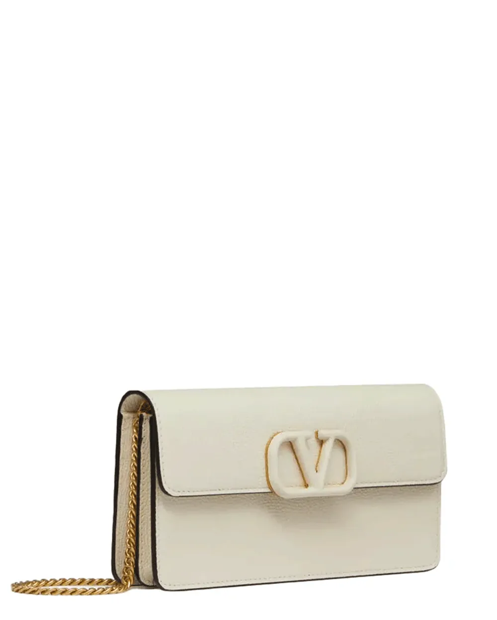 VLogo Signature Leather Wallet on Chain in Light Ivory