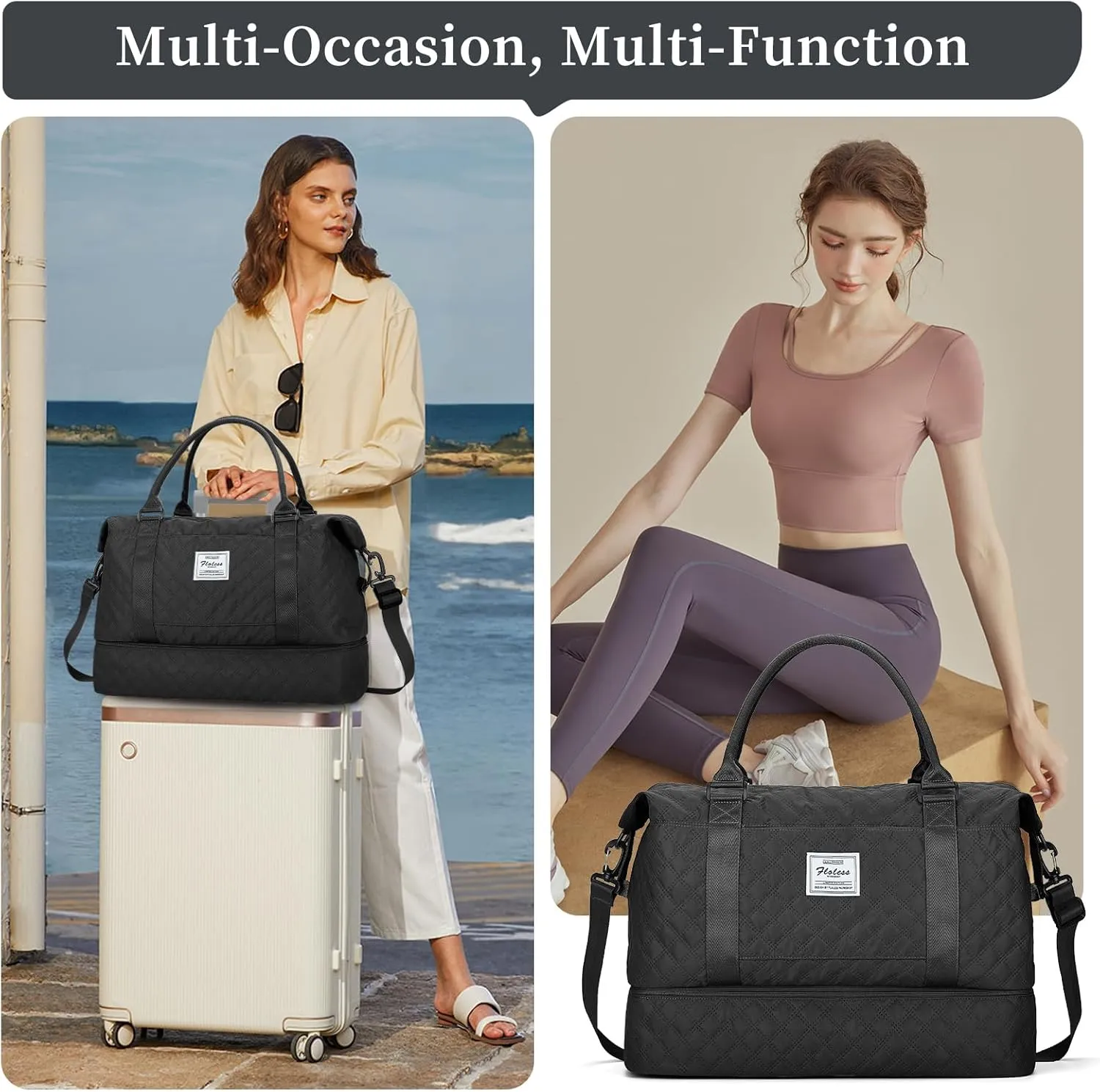 Weekender Bags for Women,Travel Duffel Bag with Shoes Compartment,Overnight Carry on Personal Item Bag with Toiletry Bag,Black