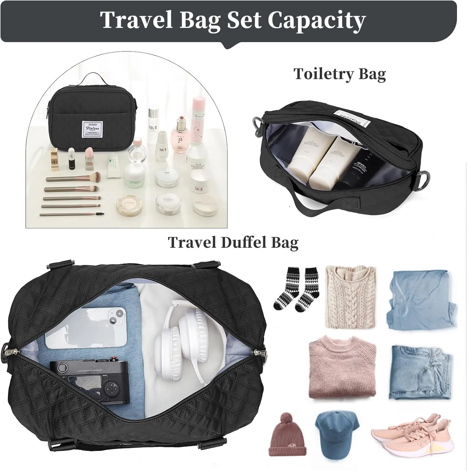 Weekender Bags for Women,Travel Duffel Bag with Shoes Compartment,Overnight Carry on Personal Item Bag with Toiletry Bag,Black