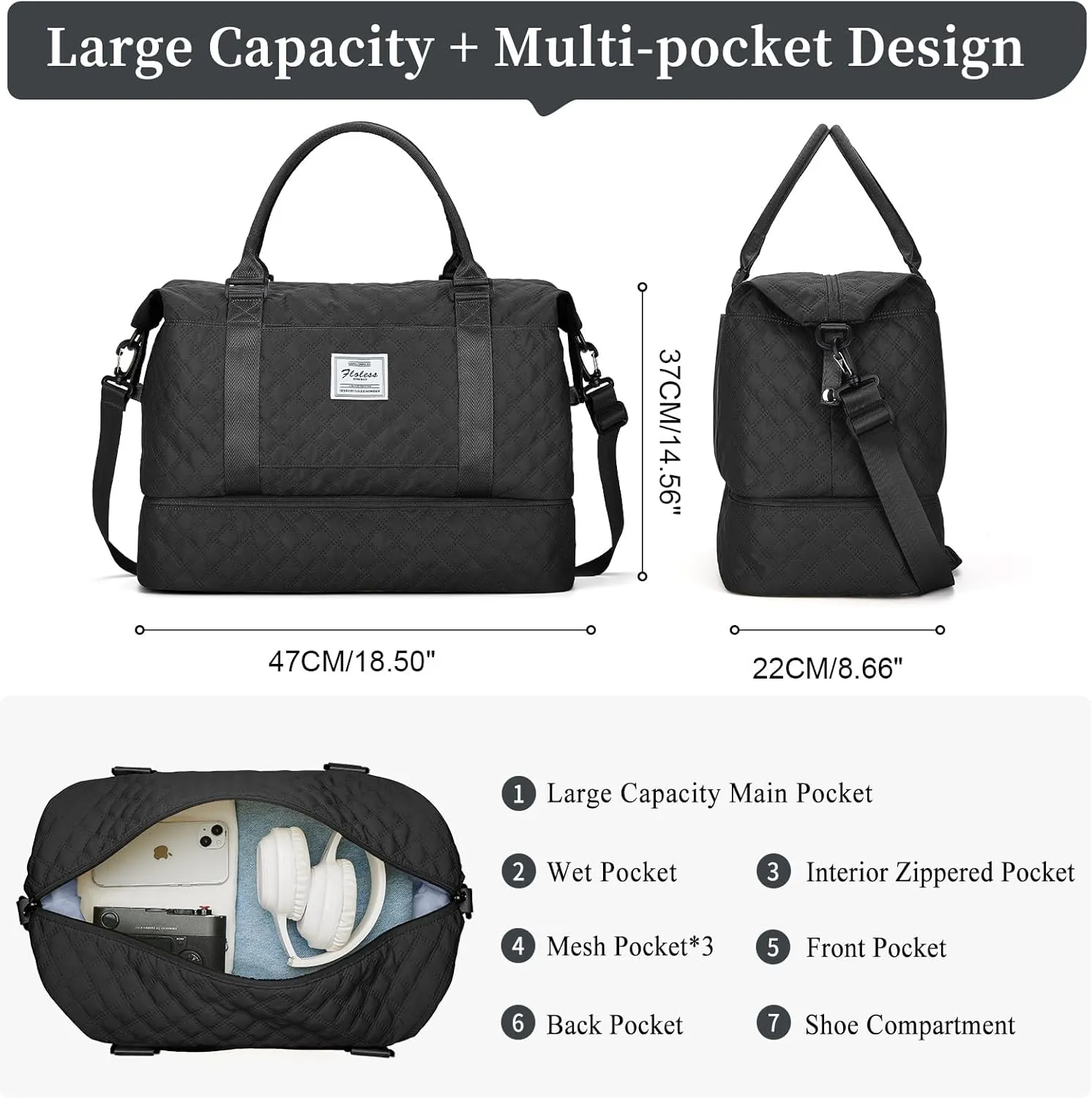 Weekender Bags for Women,Travel Duffel Bag with Shoes Compartment,Overnight Carry on Personal Item Bag with Toiletry Bag,Black