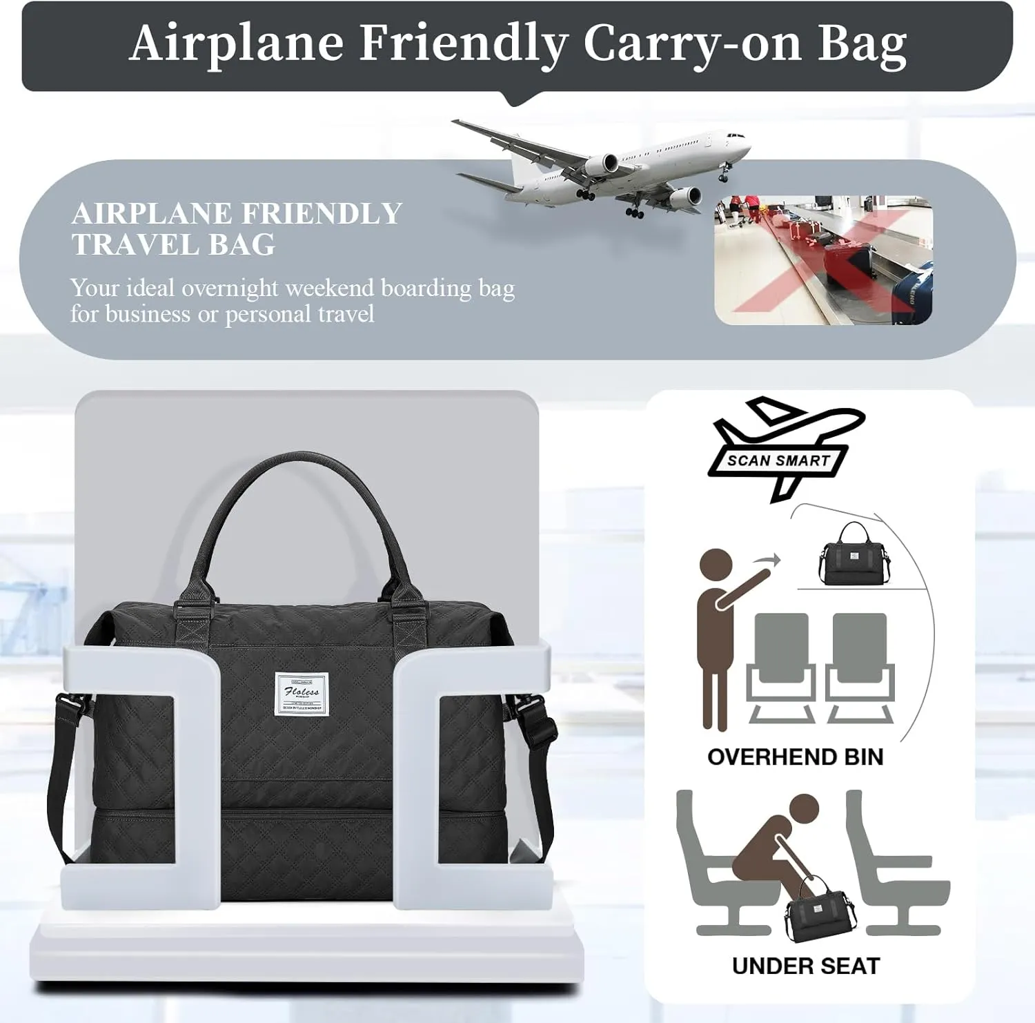 Weekender Bags for Women,Travel Duffel Bag with Shoes Compartment,Overnight Carry on Personal Item Bag with Toiletry Bag,Black